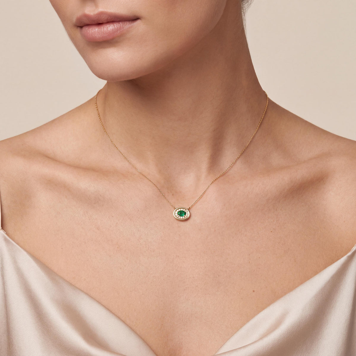 Oval Emerald & Diamond Halo Dainty Bezel 14K Solid Gold Pendant Necklace