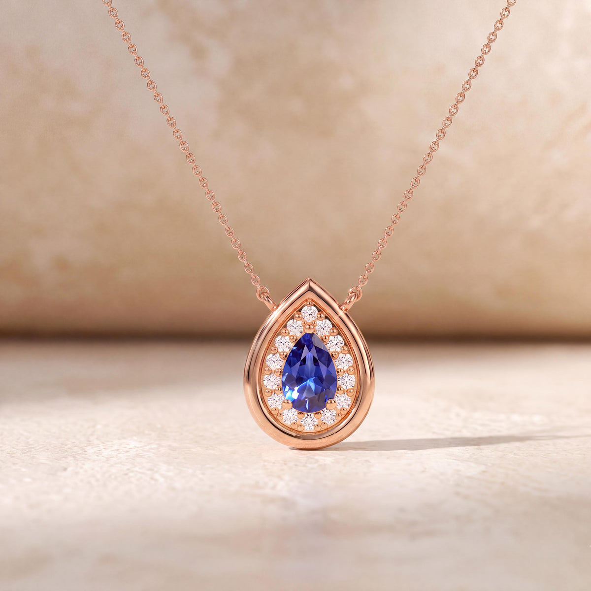 Sapphire Pear Shape & Diamond Halo Dainty Bezel 14K Solid Gold Pendant Necklace