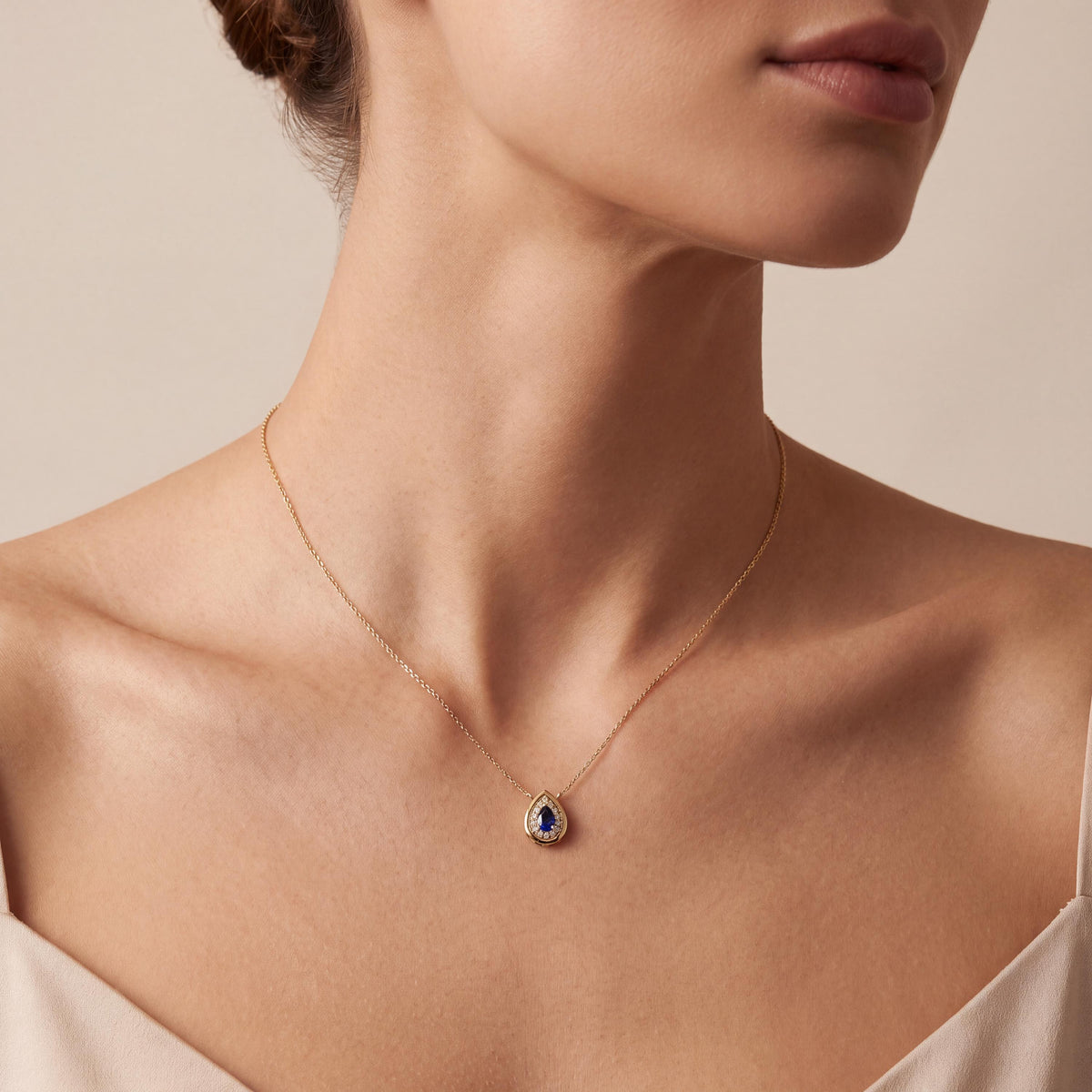 Sapphire Pear Shape & Diamond Halo Dainty Bezel 14K Solid Gold Pendant Necklace