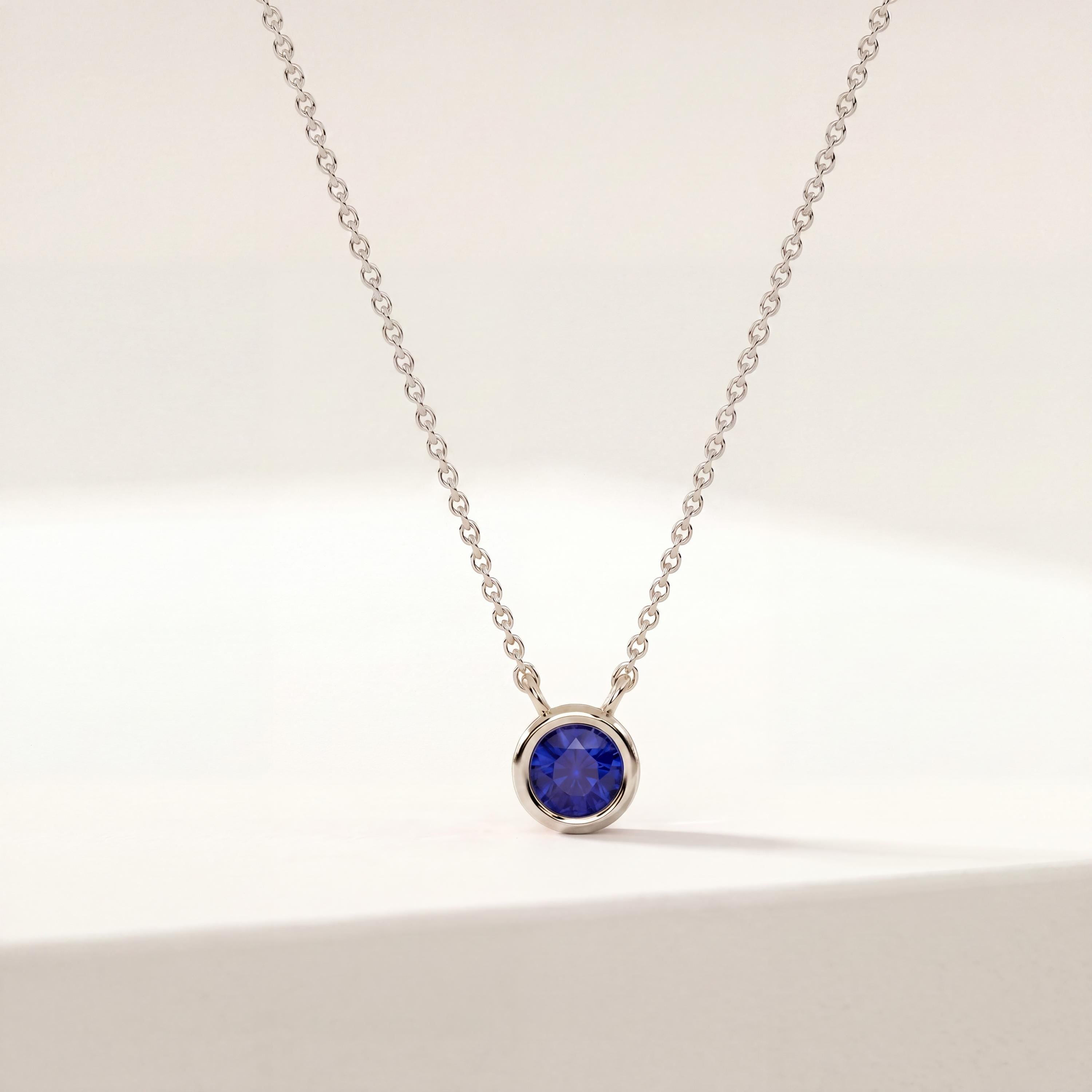 Round Sapphire Bezel Set Solitaire 14K Solid Gold Pendant Necklace