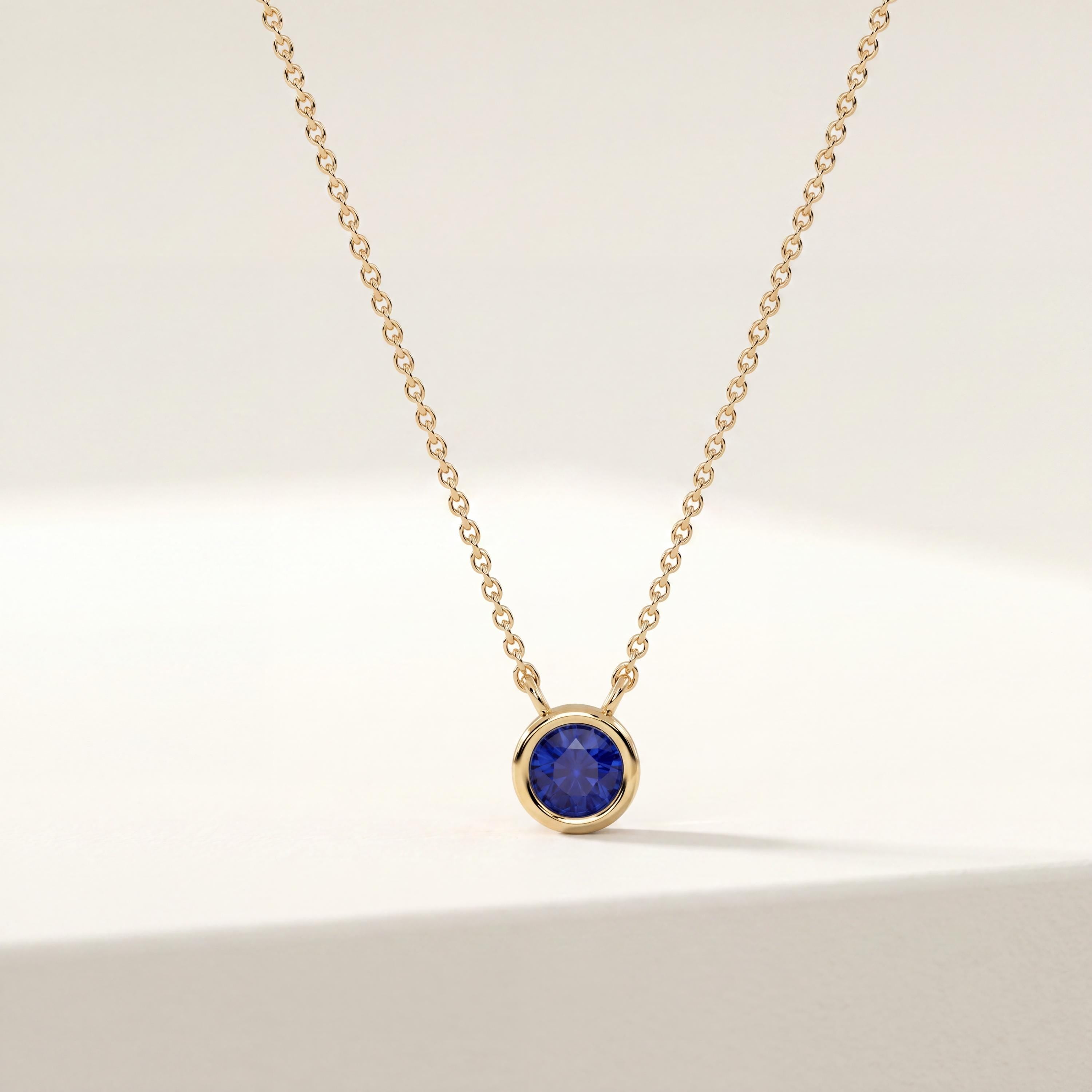 Round Sapphire Bezel Set Solitaire 14K Solid Gold Pendant Necklace