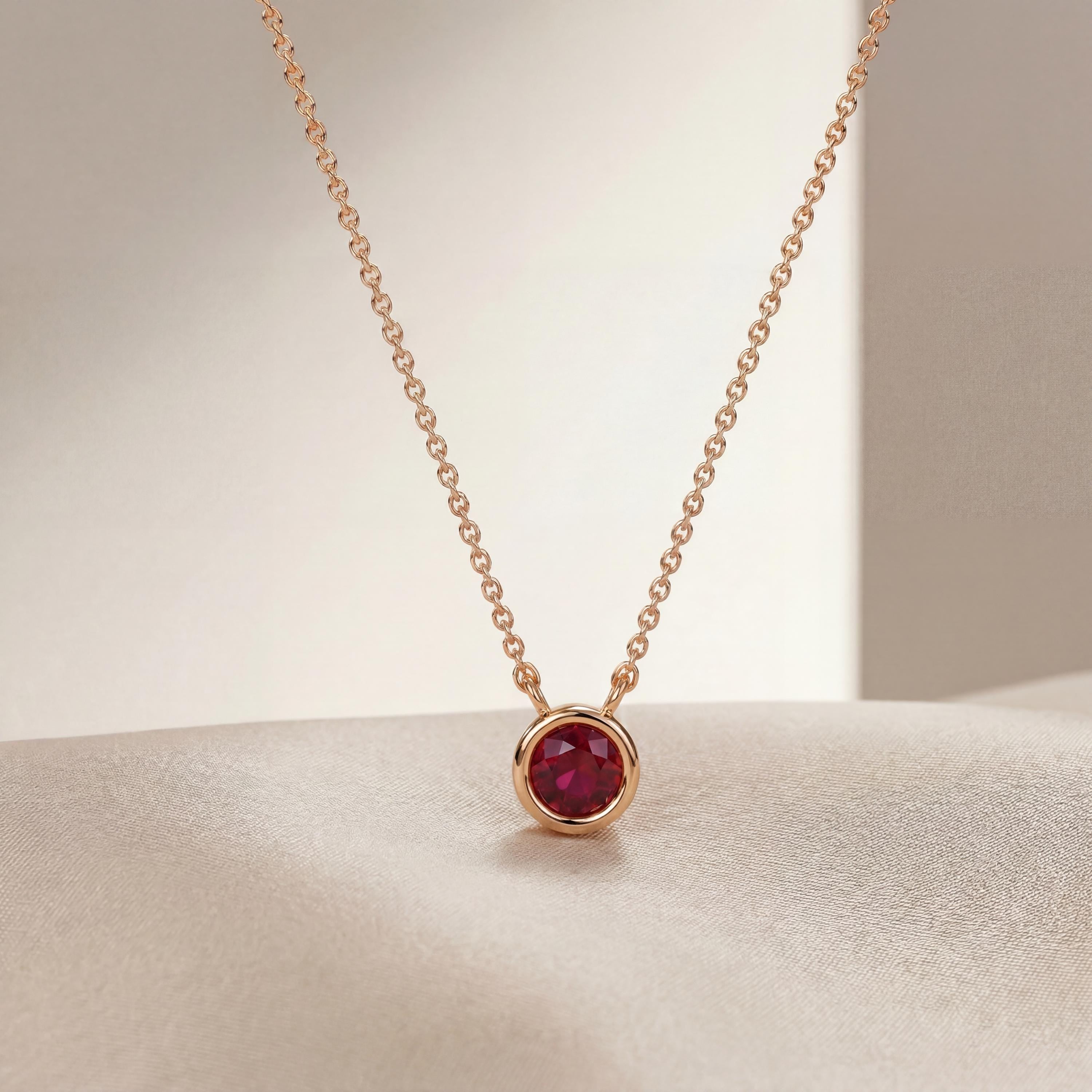 Round Ruby Bezel Set Solitaire 14K Solid Gold Pendant Necklace