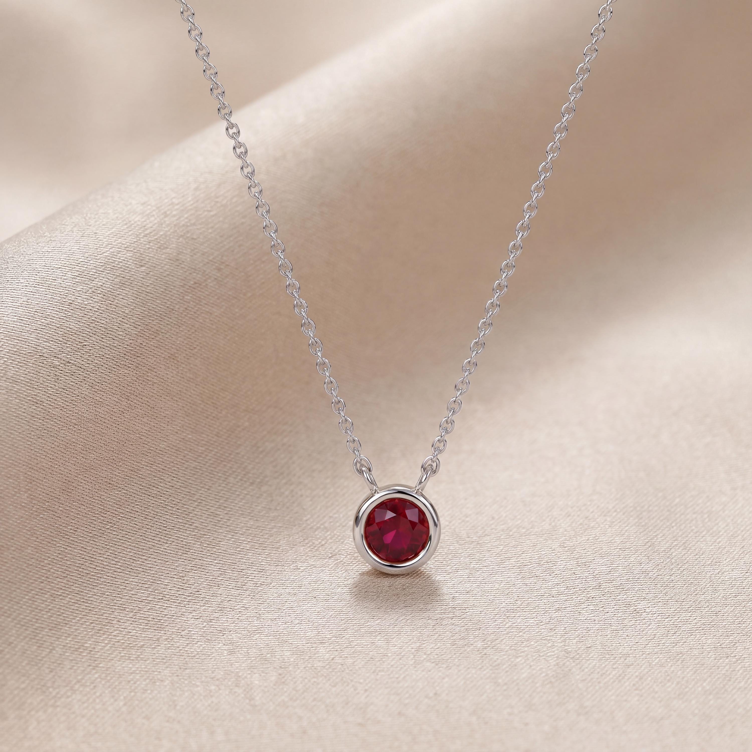 Round Ruby Bezel Set Solitaire 14K Solid Gold Pendant Necklace