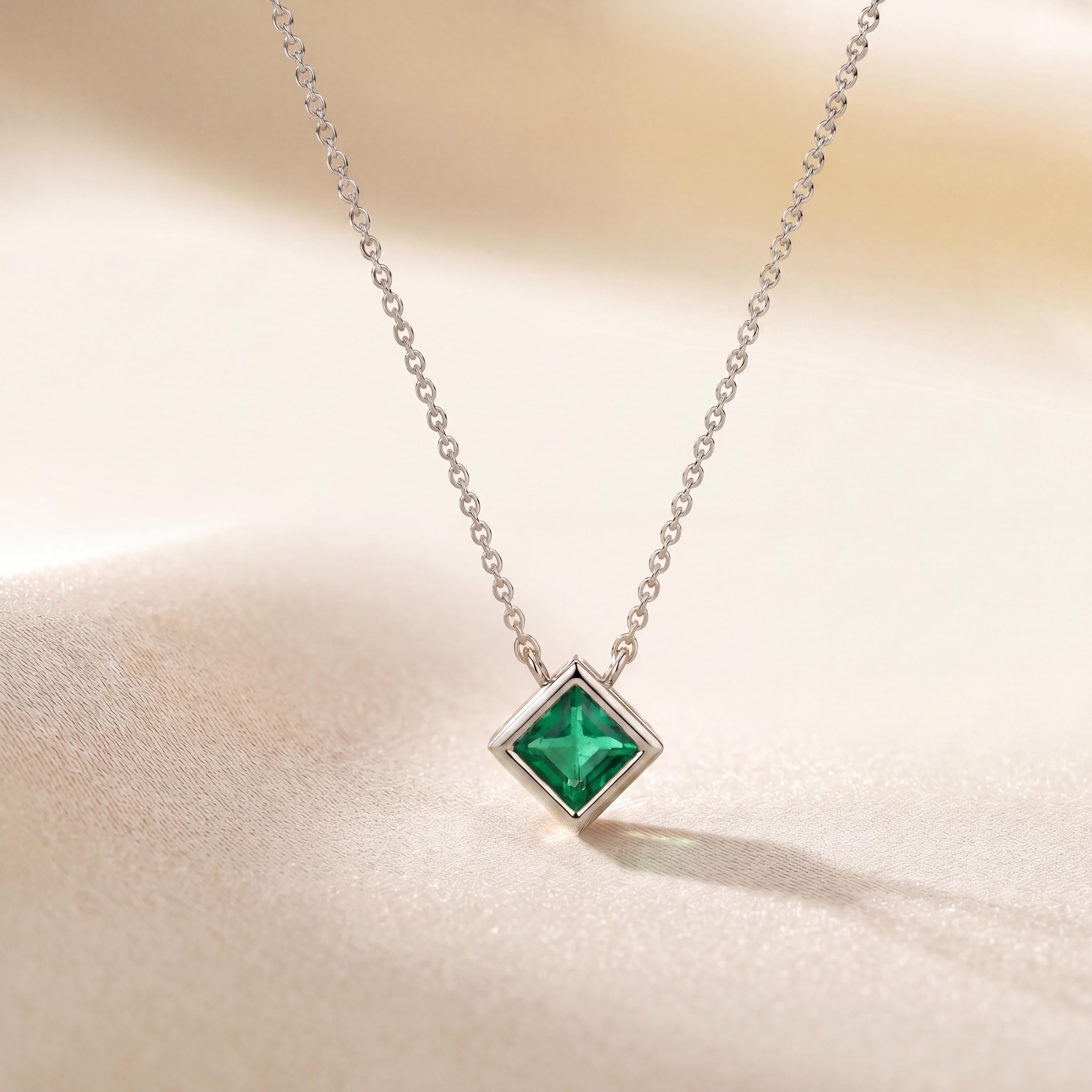 Princess Cut Emerald Bezel Set Solitaire 14K Solid Gold Pendant Necklace