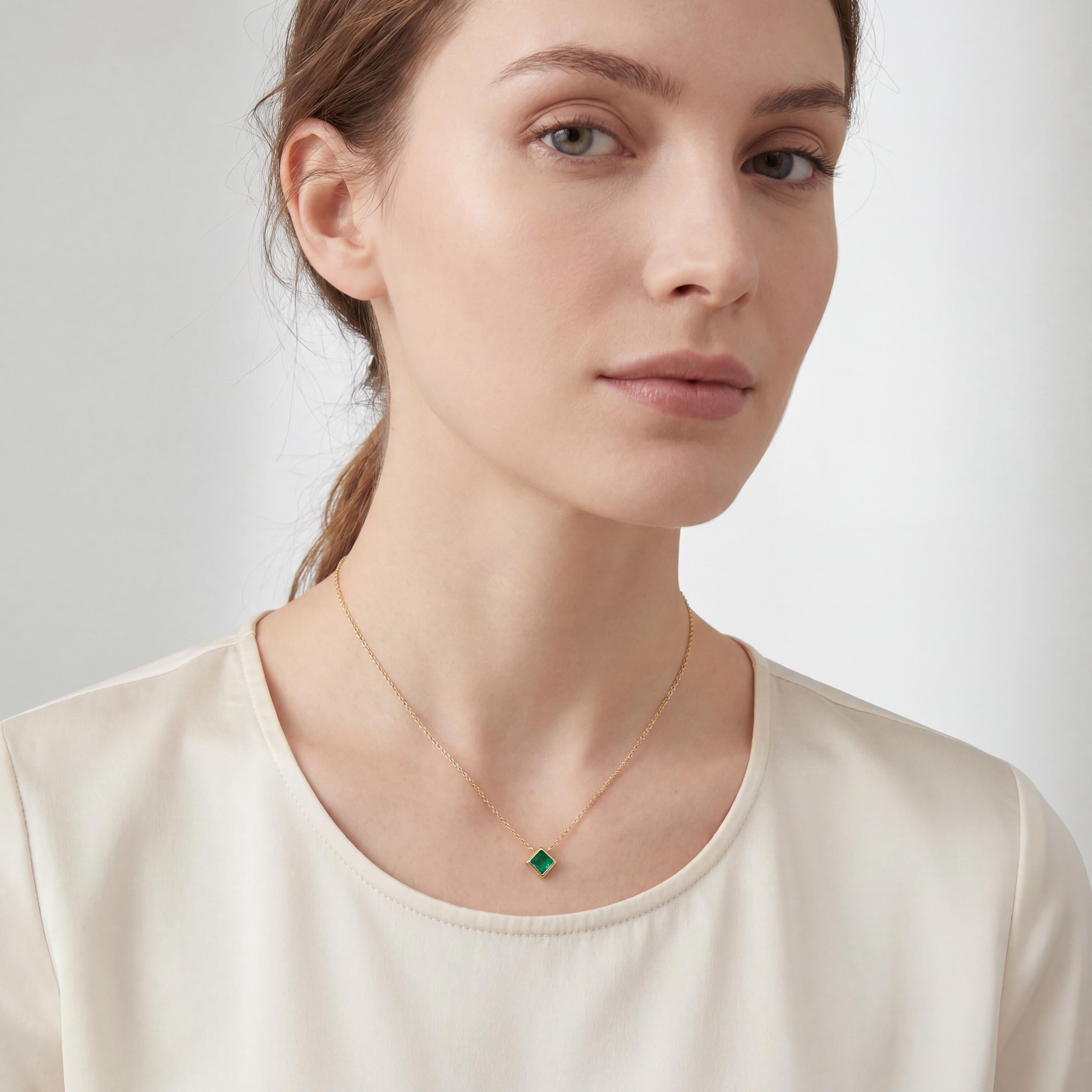 Princess Cut Emerald Bezel Set Solitaire 14K Solid Gold Pendant Necklace