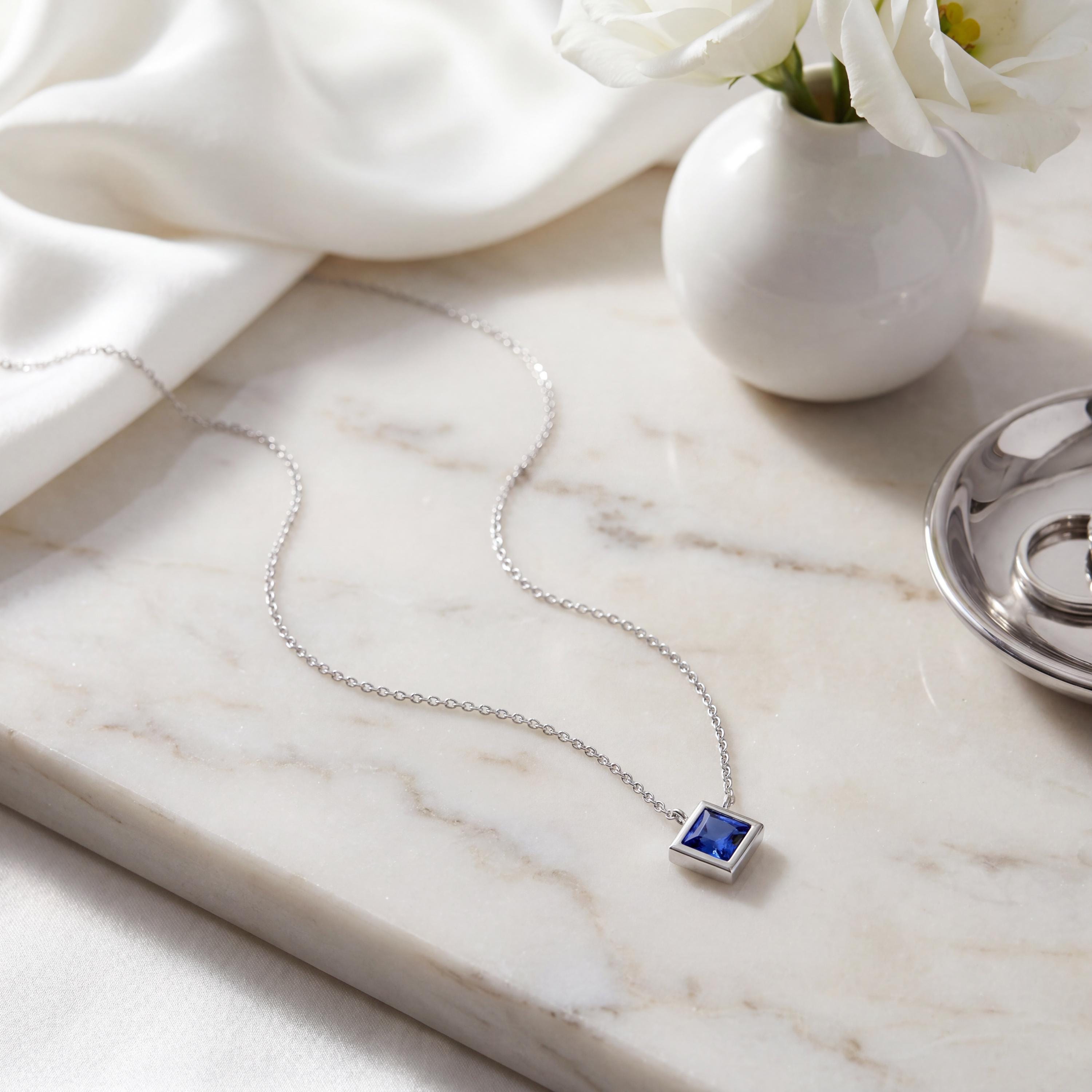 Princess Cut Sapphire Bezel Set Solitaire 14K Solid Gold Pendant Necklace