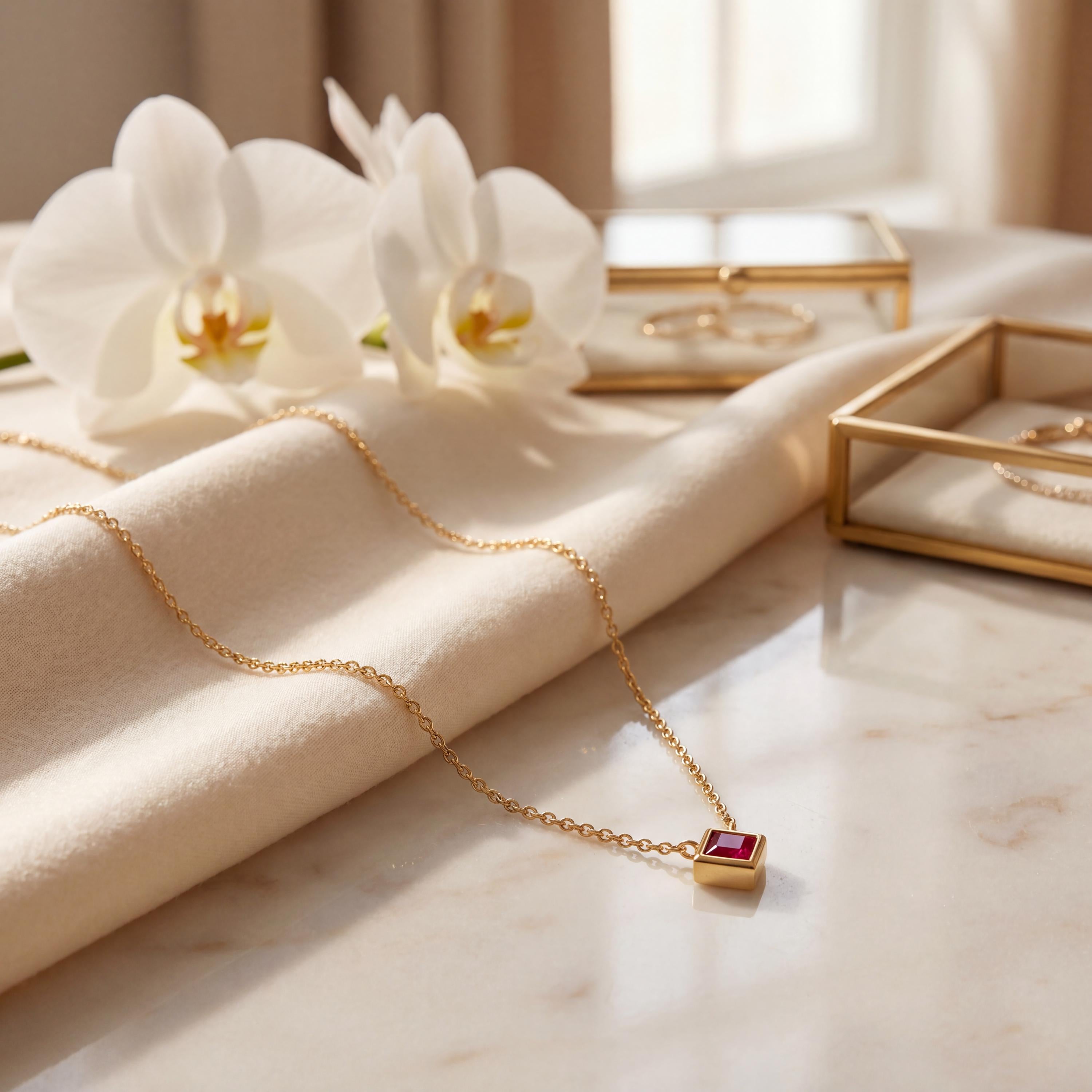 Princess Cut Ruby Bezel Set Solitaire 14K Solid Gold Pendant Necklace