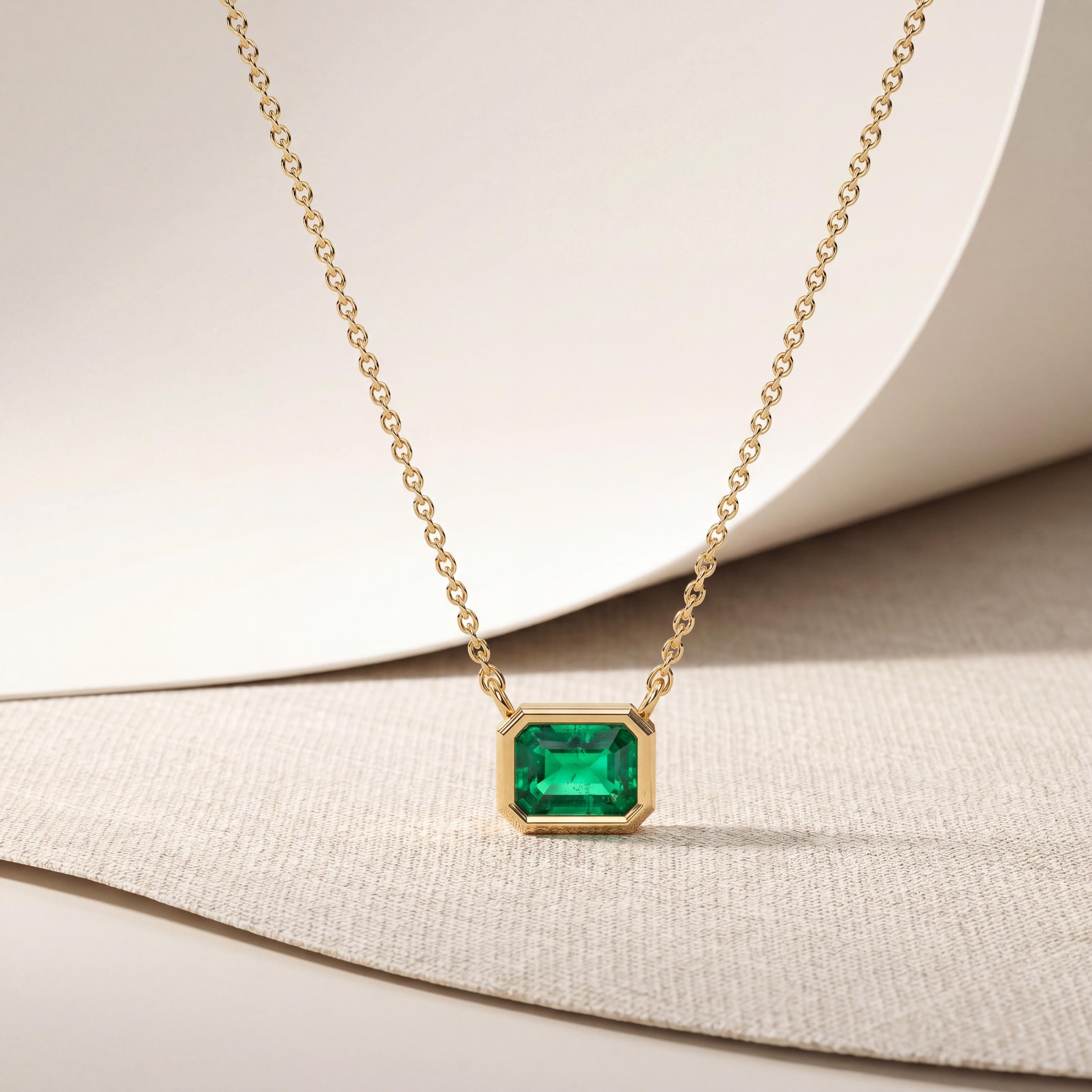 Emerald Bezel Set Emerald Cut Dainty Solitaire 14K Solid Gold Pendant Necklace