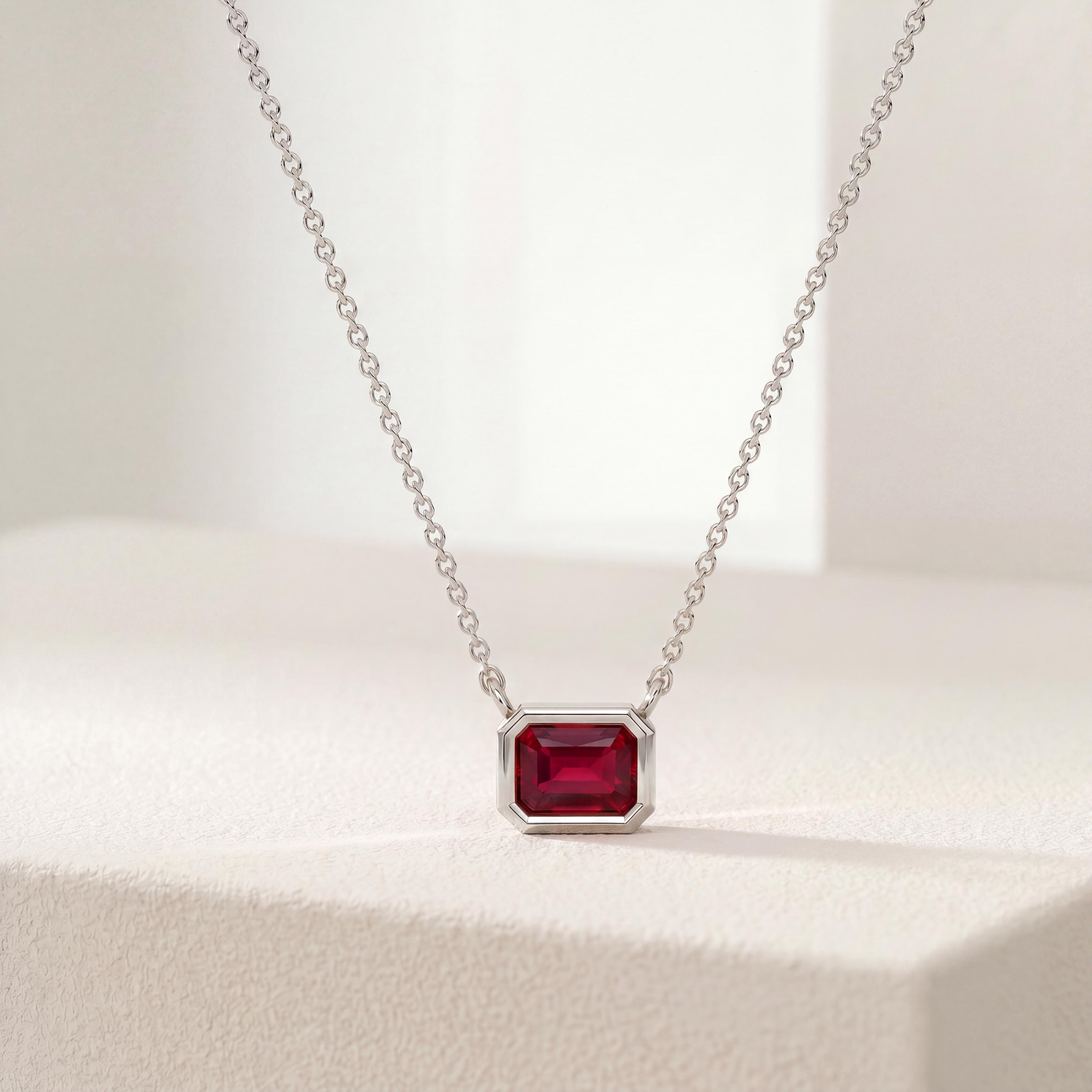 Ruby Bezel Set Emerald Cut Dainty Solitaire 14K Solid Gold Pendant Necklace