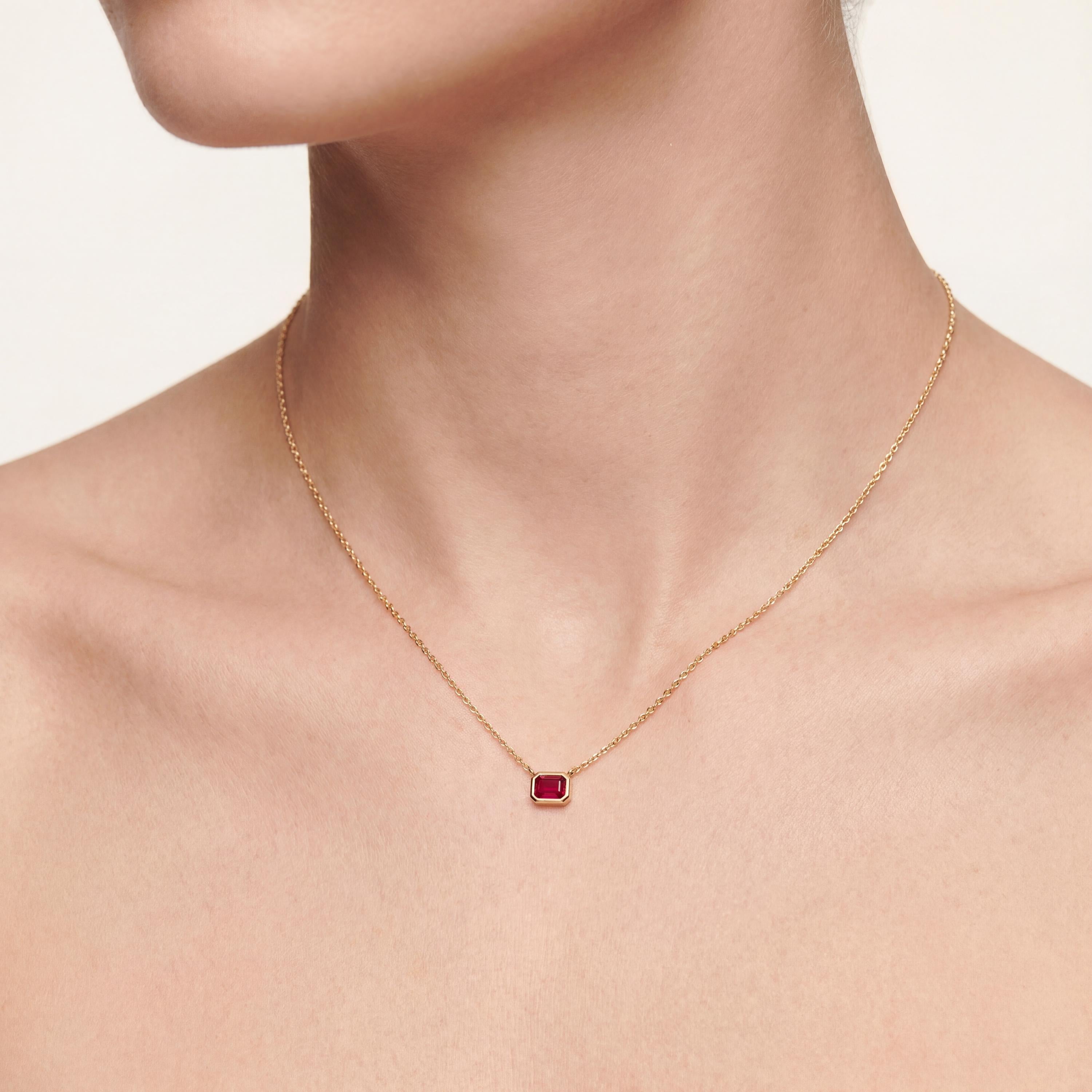 Ruby Bezel Set Emerald Cut Dainty Solitaire 14K Solid Gold Pendant Necklace