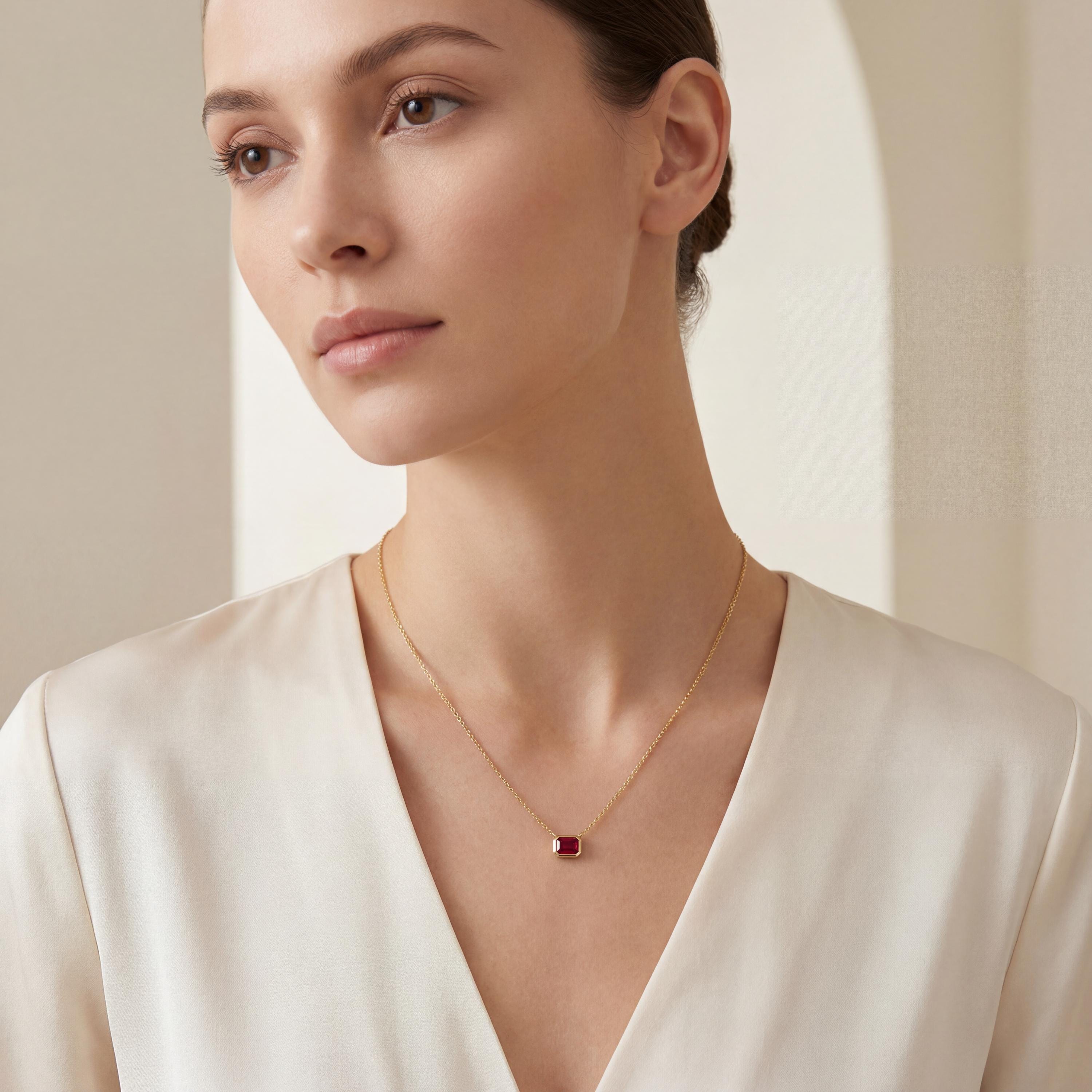 Ruby Bezel Set Emerald Cut Dainty Solitaire 14K Solid Gold Pendant Necklace