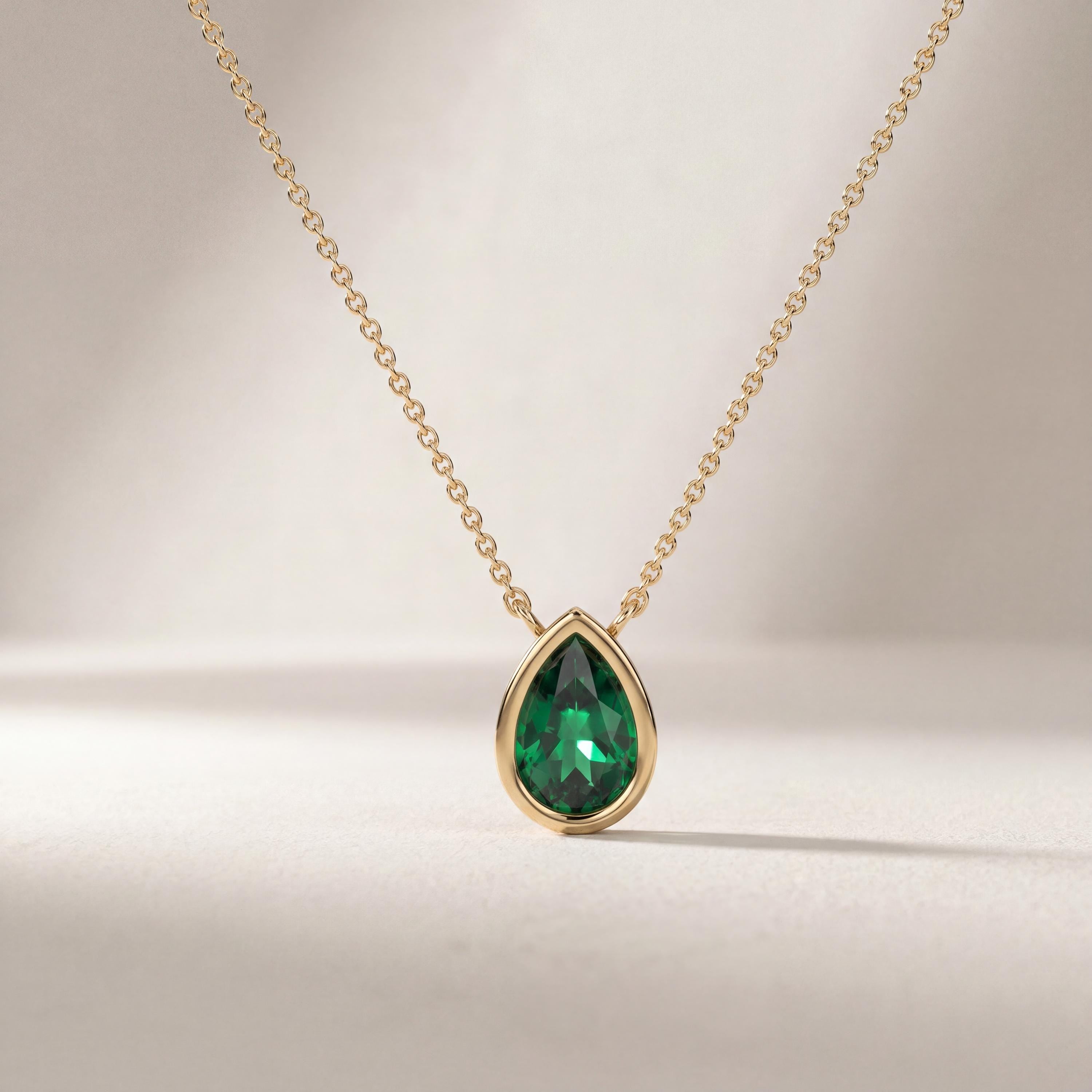 Pear Shape Emerald Bezel Set Dainty Solitaire 14K Solid Gold Pendant Necklace