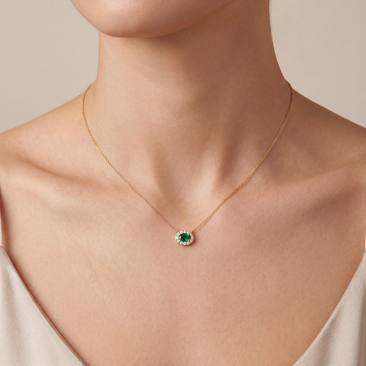 Oval Emerald & Diamond Halo Dainty 14K Solid Gold Pendant Necklace