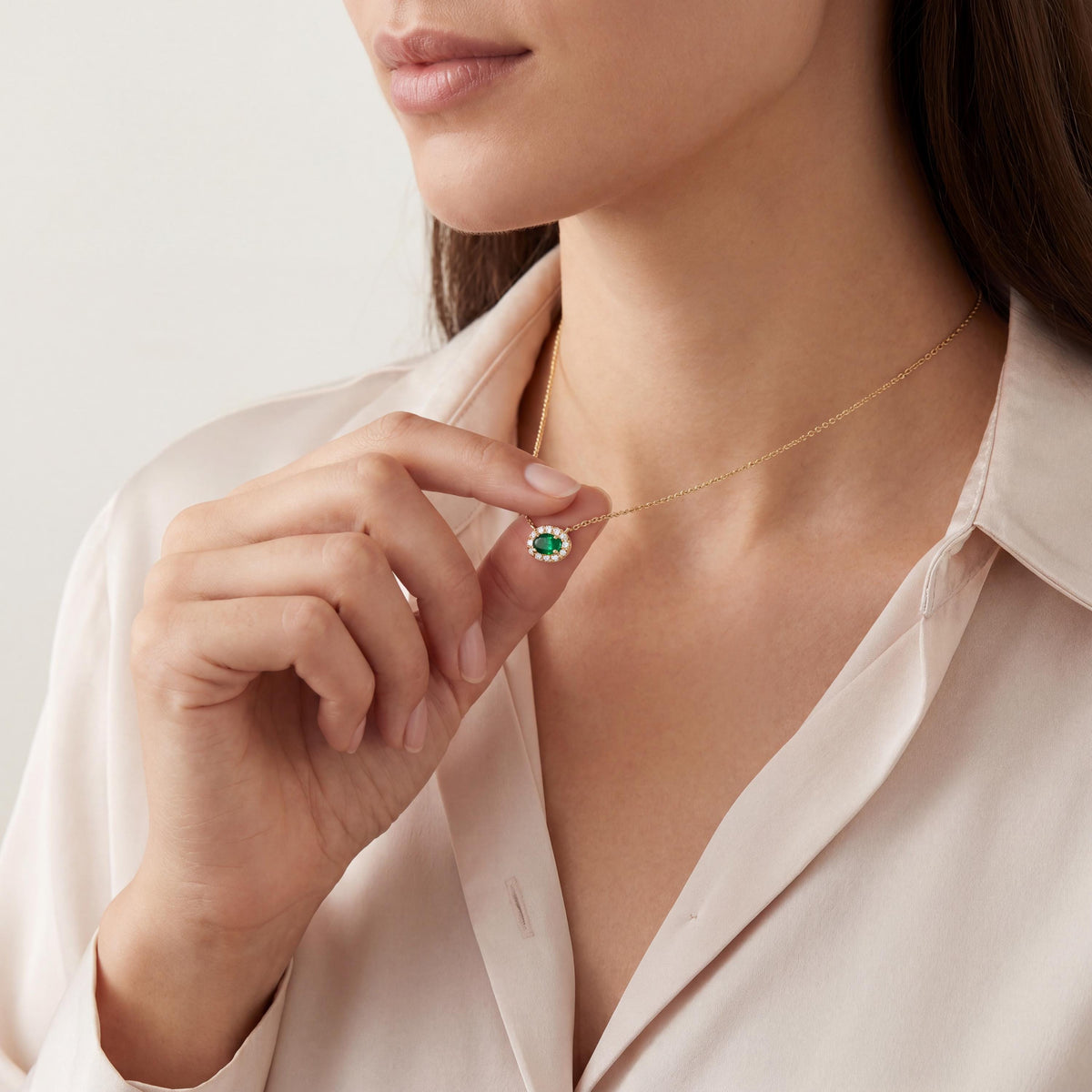 Oval Emerald & Diamond Halo Dainty 14K Solid Gold Pendant Necklace