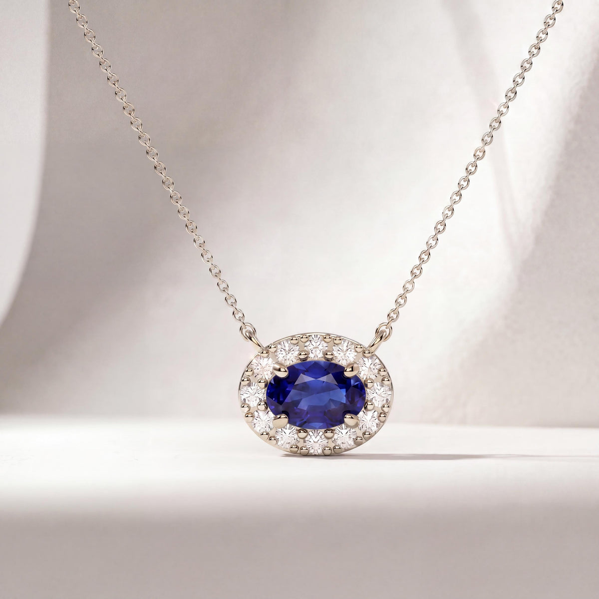 Oval Sapphire & Diamond Halo Dainty 14K Solid Gold Pendant Necklace