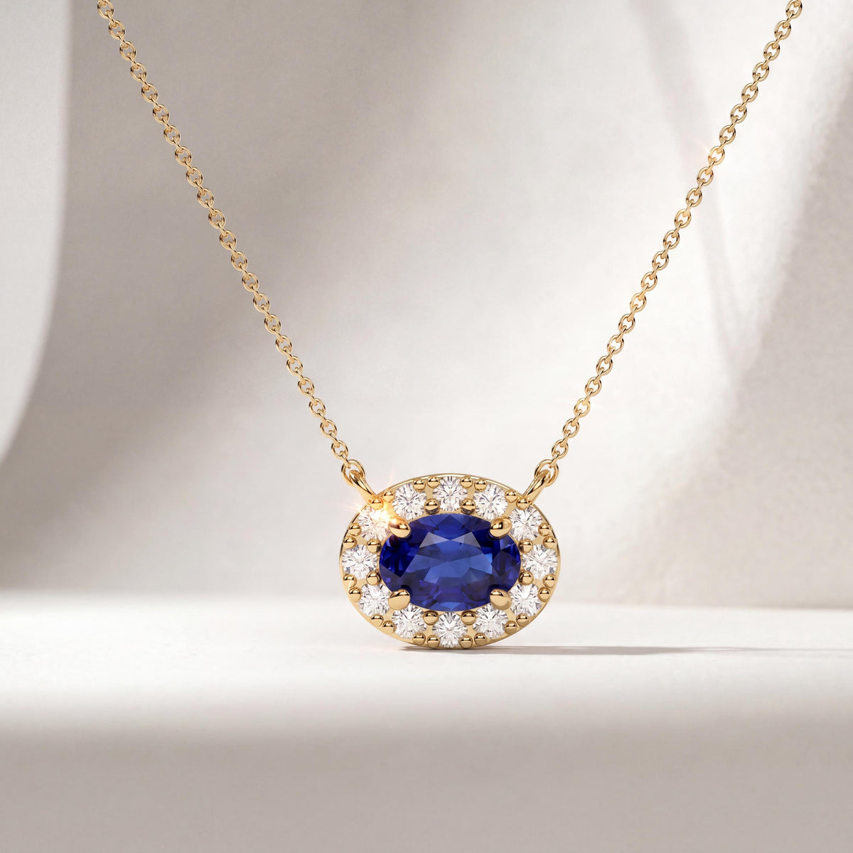 Oval Sapphire & Diamond Halo Dainty 14K Solid Gold Pendant Necklace