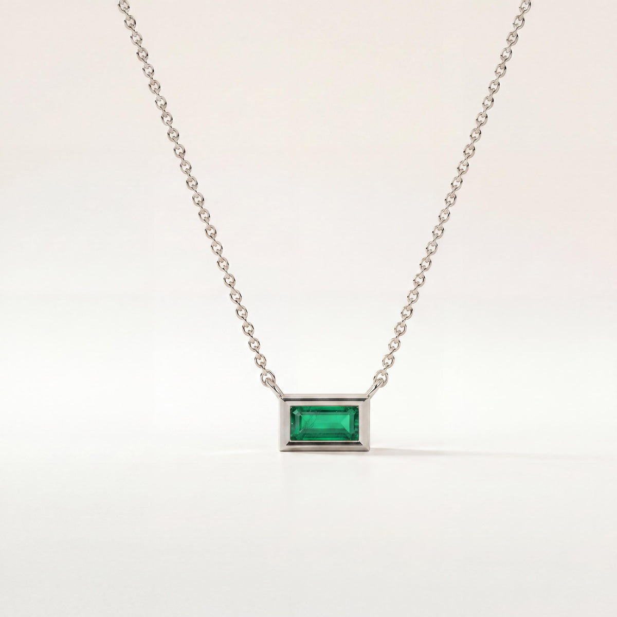 Baguette Emerald Solitaire Dainty Bezel Set 14K Solid Gold Pendant Necklace
