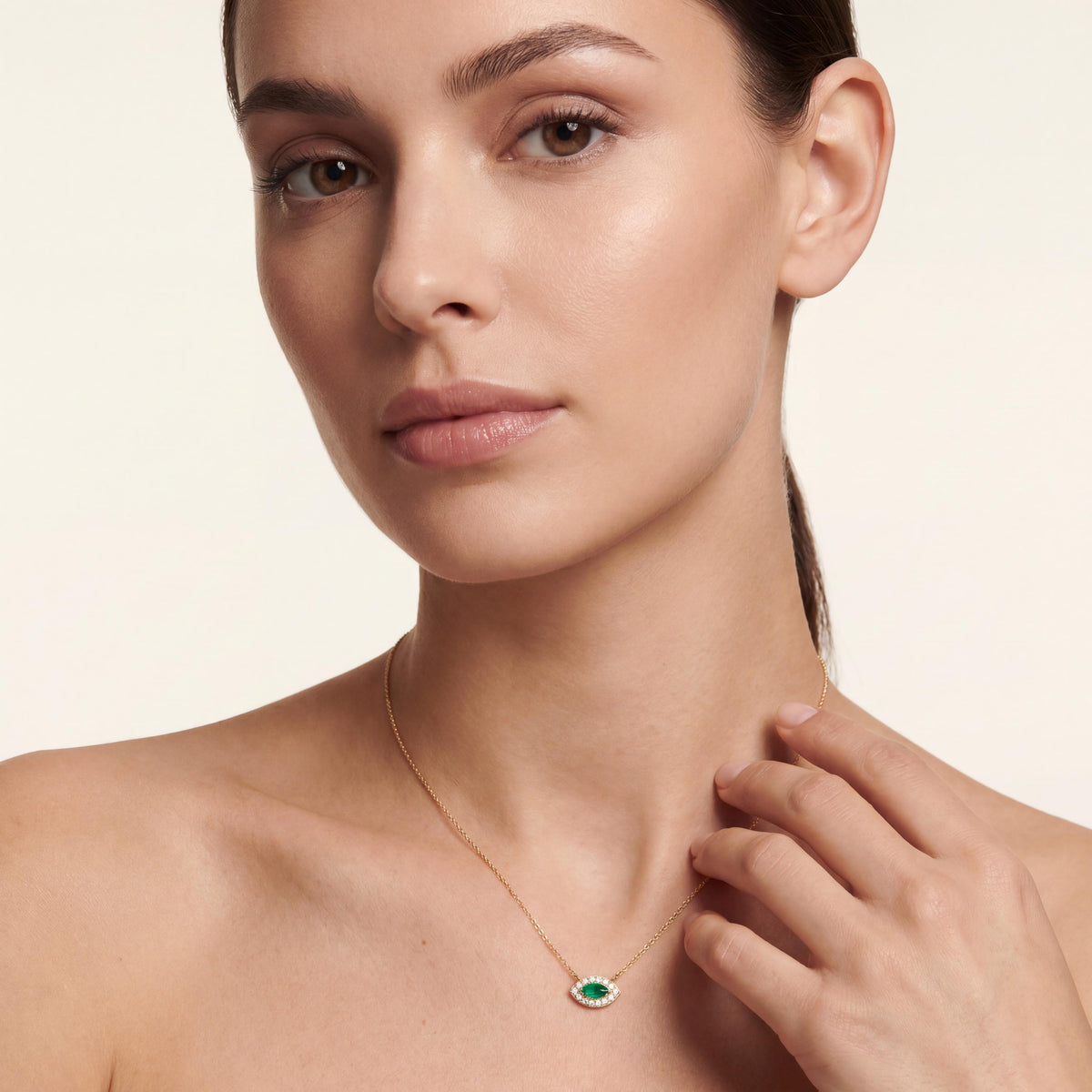 Marquise Emerald & Diamond Halo Eye Shape 14K Solid Gold Pendant Necklace