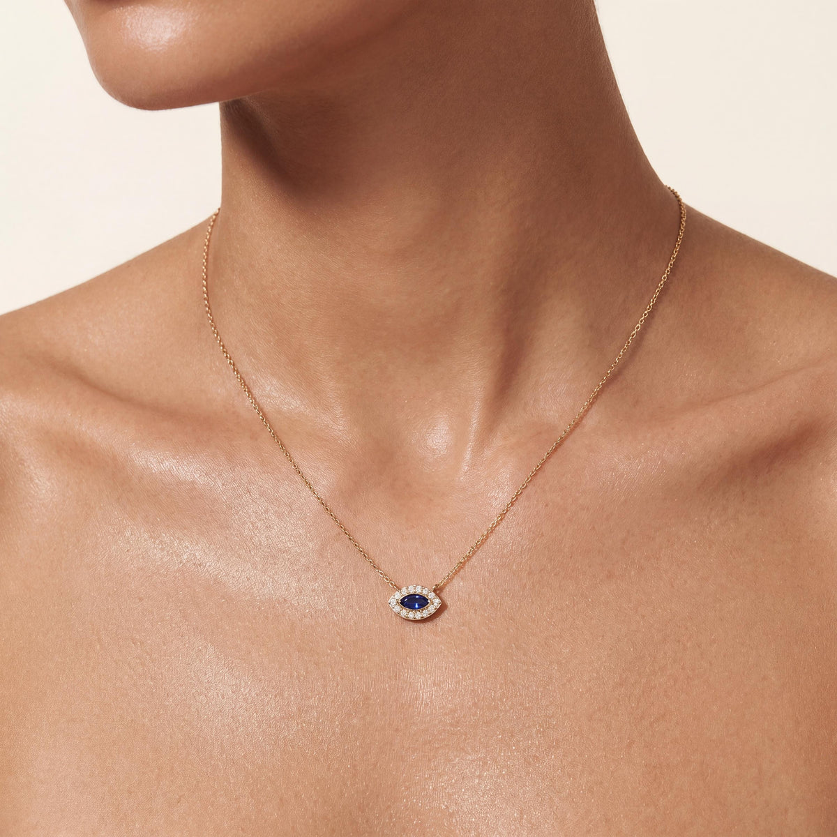 Marquise Sapphire & Diamond Halo Eye Shape 14K Solid Gold Pendant Necklace