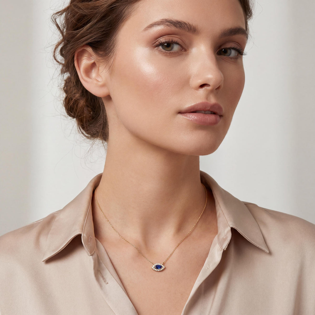 Marquise Sapphire & Diamond Halo Eye Shape 14K Solid Gold Pendant Necklace