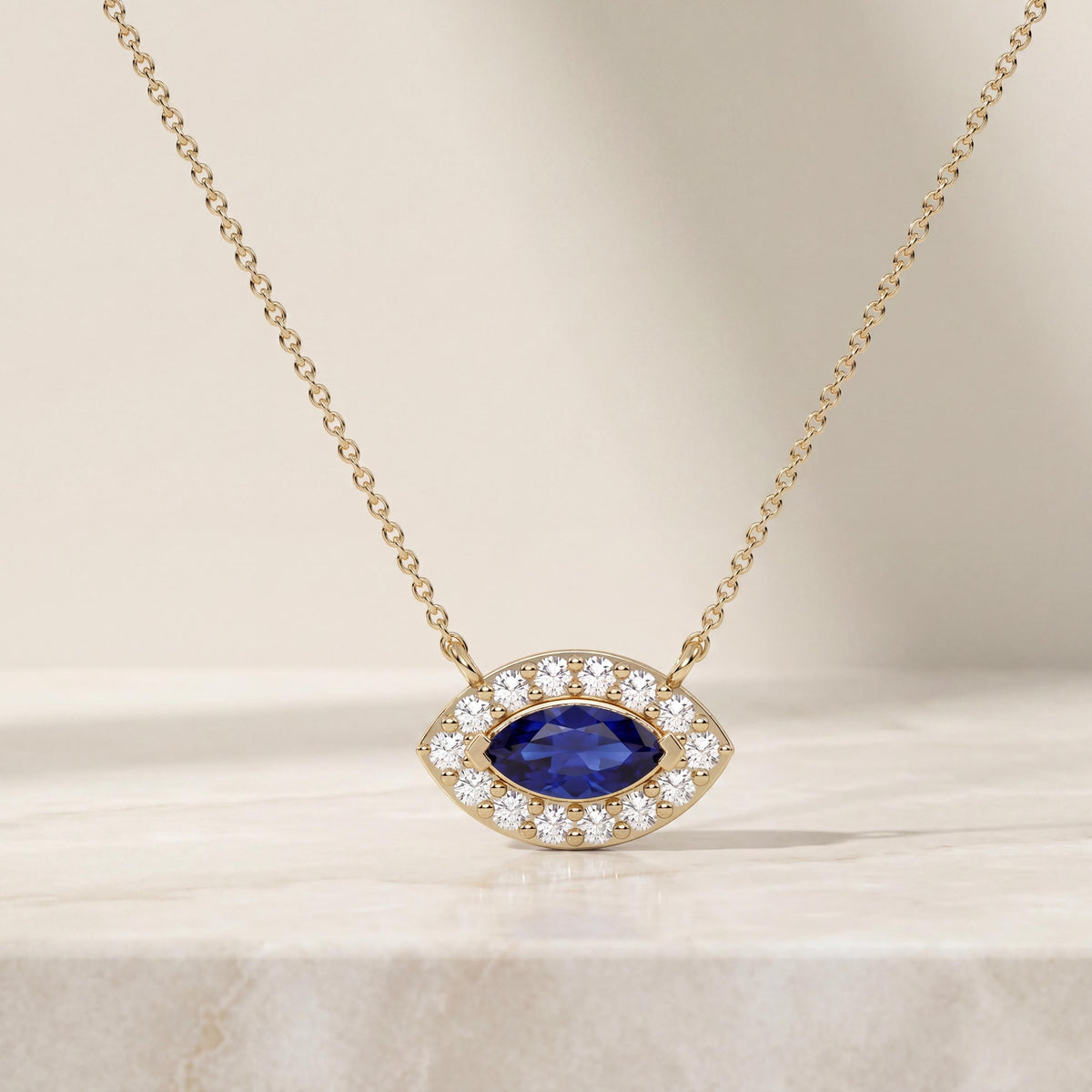 Marquise Sapphire & Diamond Halo Eye Shape 14K Solid Gold Pendant Necklace