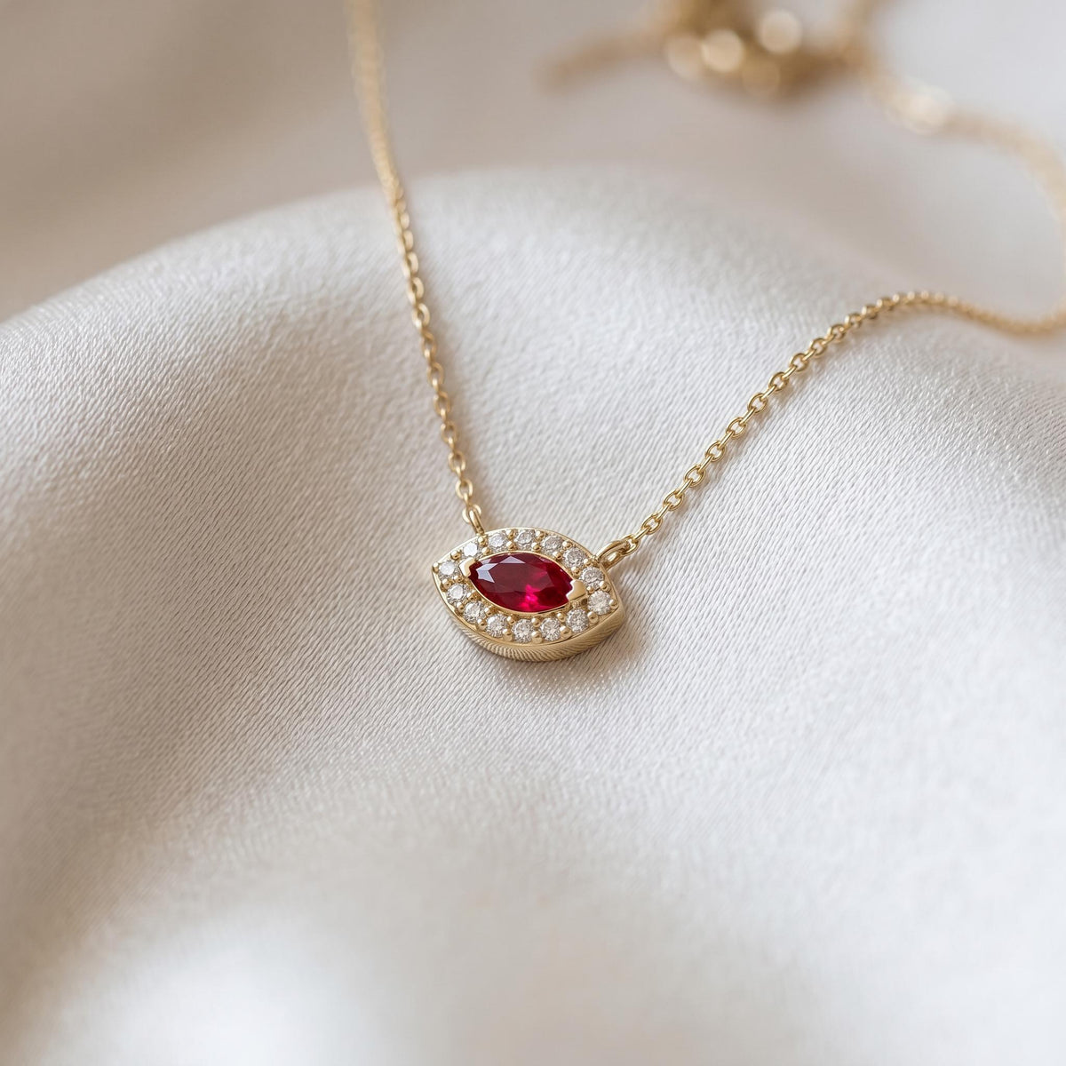 Marquise Ruby & Diamond Halo Eye Shape 14K Solid Gold Pendant Necklace