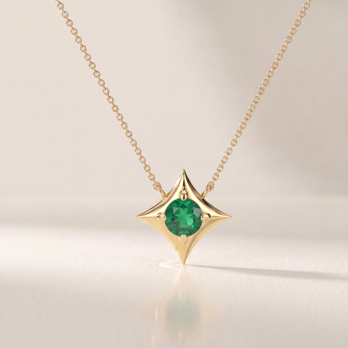 Round Solitaire Emerald Four Point Dainty Star 14K Solid Gold Pendant Necklace