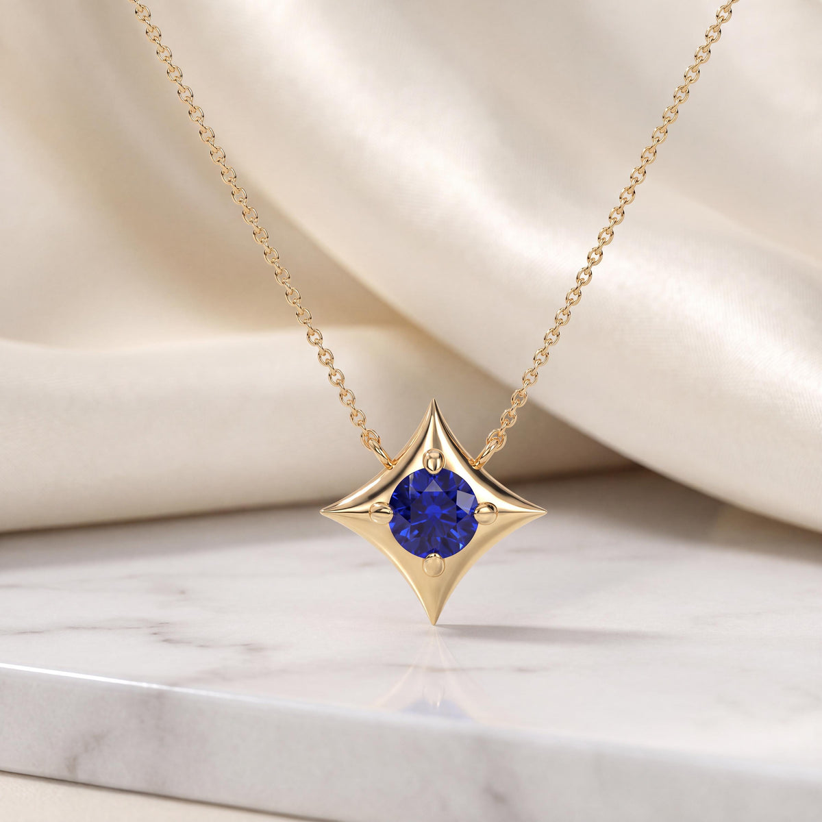 Round Solitaire Sapphire Four Point Dainty Star 14K Solid Gold Pendant Necklace