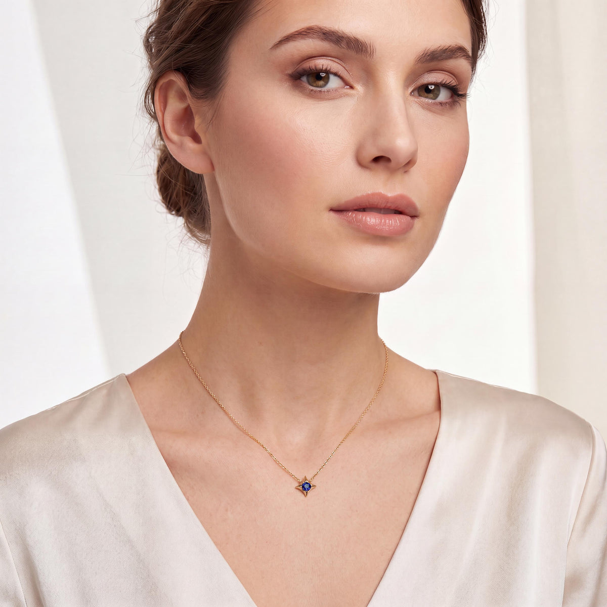 Round Solitaire Sapphire Four Point Dainty Star 14K Solid Gold Pendant Necklace