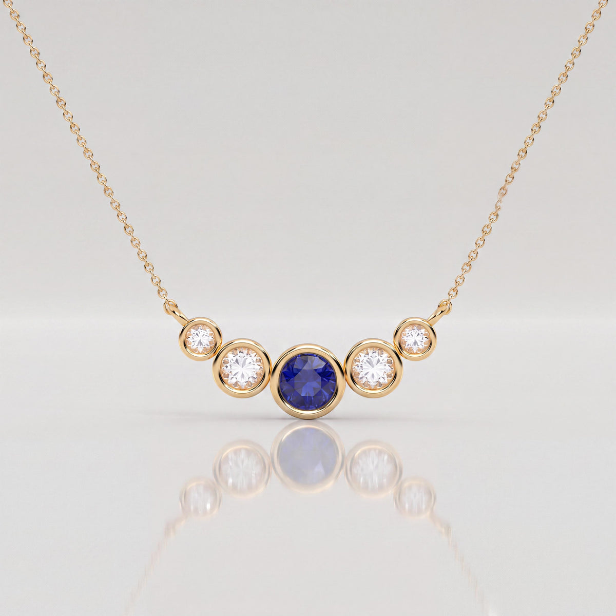 Round Sapphire & Diamond Five Stone Graduated Bezel Necklace 14K Solid Gold Pendant