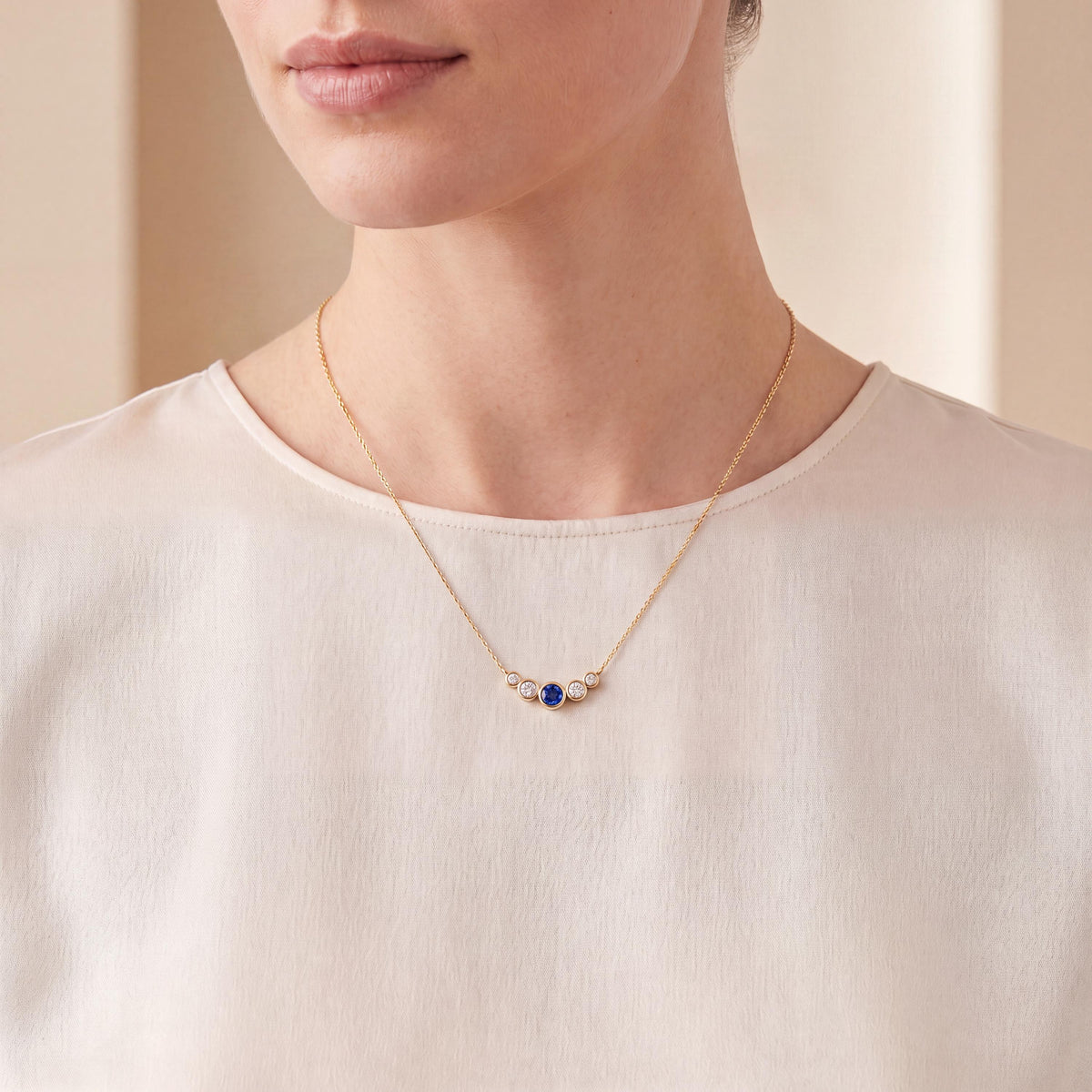 Round Sapphire & Diamond Five Stone Graduated Bezel Necklace 14K Solid Gold Pendant