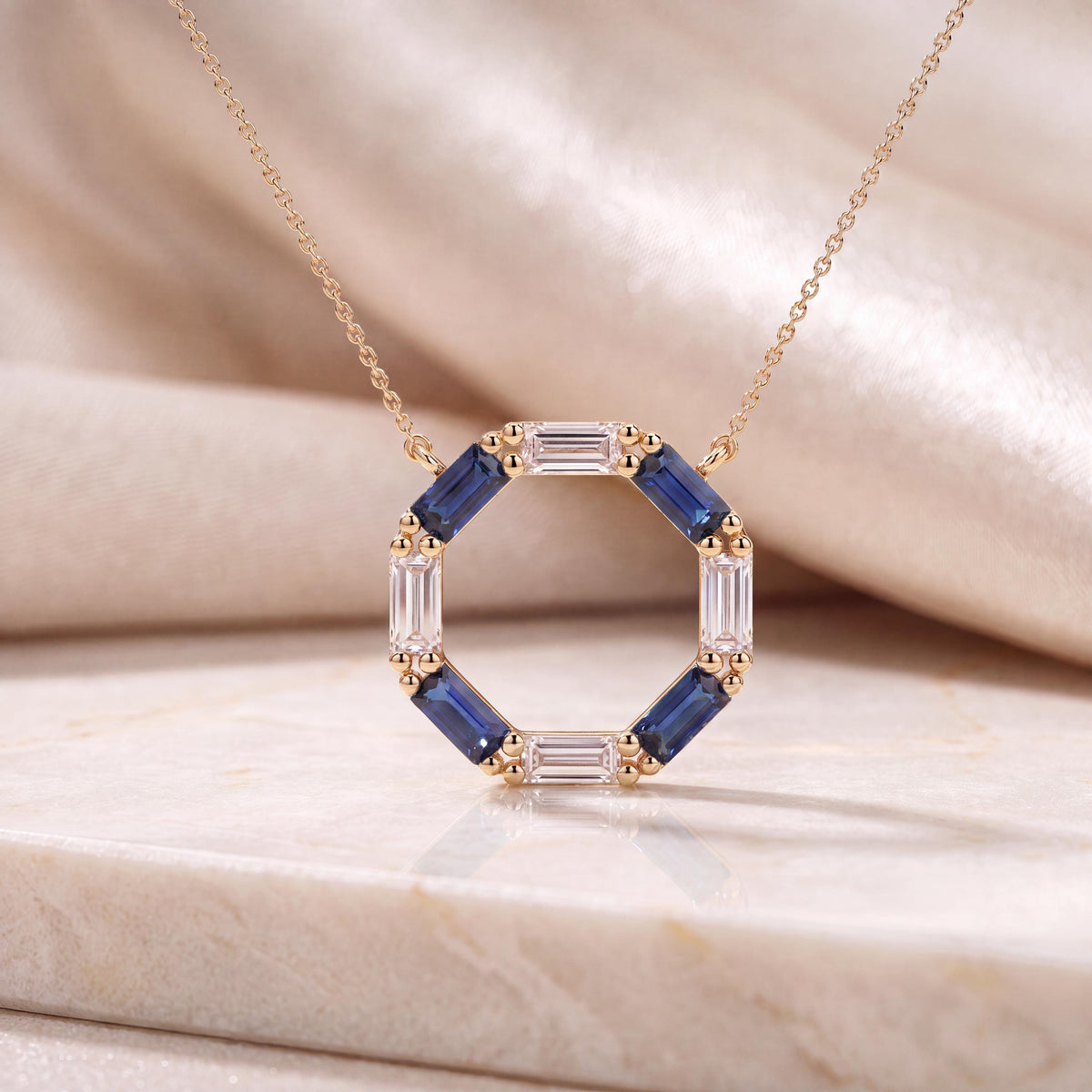 Baguette Sapphire & Diamond Octagon Dainty 14K Solid Gold Pendant Necklace