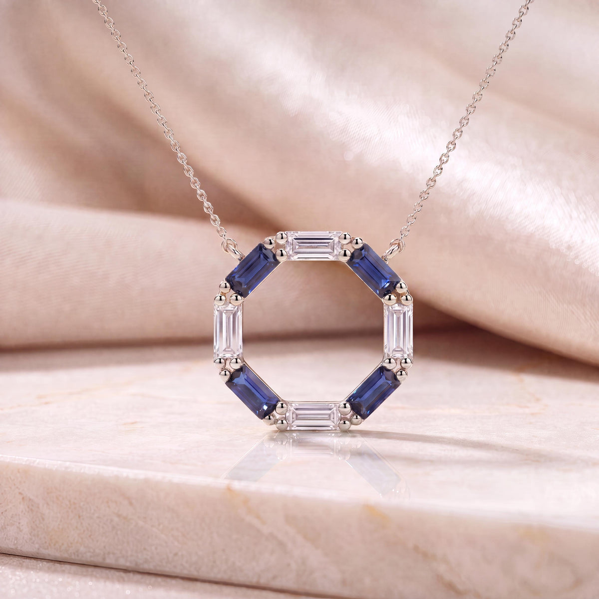 Baguette Sapphire & Diamond Octagon Dainty 14K Solid Gold Pendant Necklace