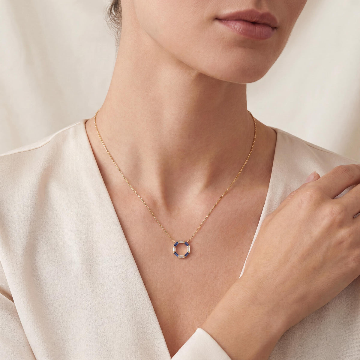 Baguette Sapphire & Diamond Octagon Dainty 14K Solid Gold Pendant Necklace