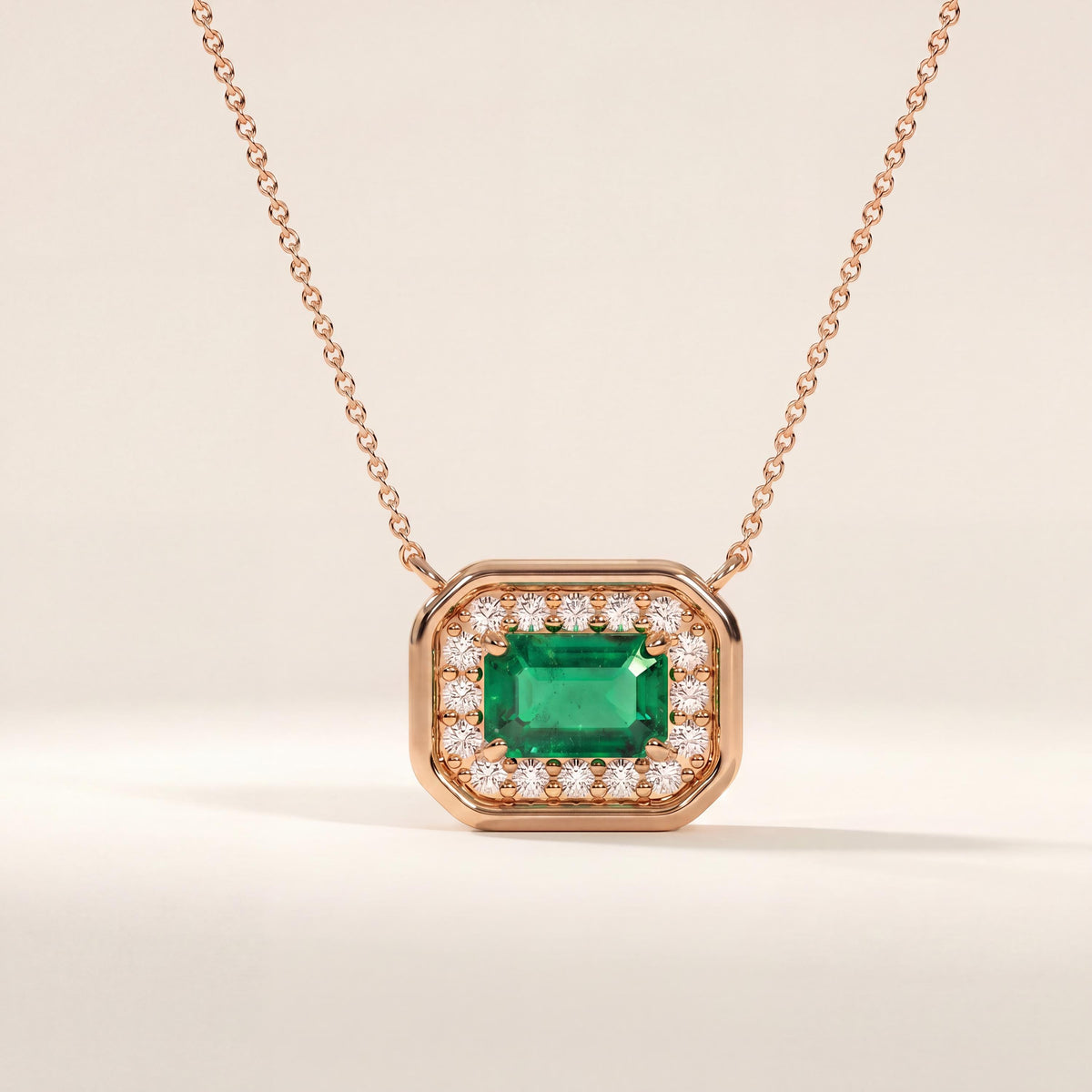Emerald Cut Diamond & Emerald Halo Dainty Bezel 14K Solid Gold Pendant Necklace