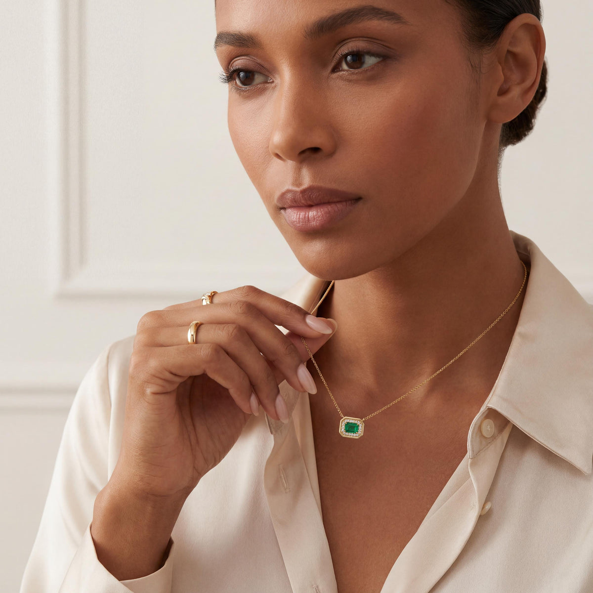Emerald Cut Diamond & Emerald Halo Dainty Bezel 14K Solid Gold Pendant Necklace