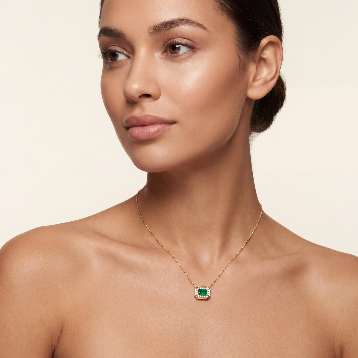 Emerald Cut Diamond & Emerald Halo Dainty Bezel 14K Solid Gold Pendant Necklace