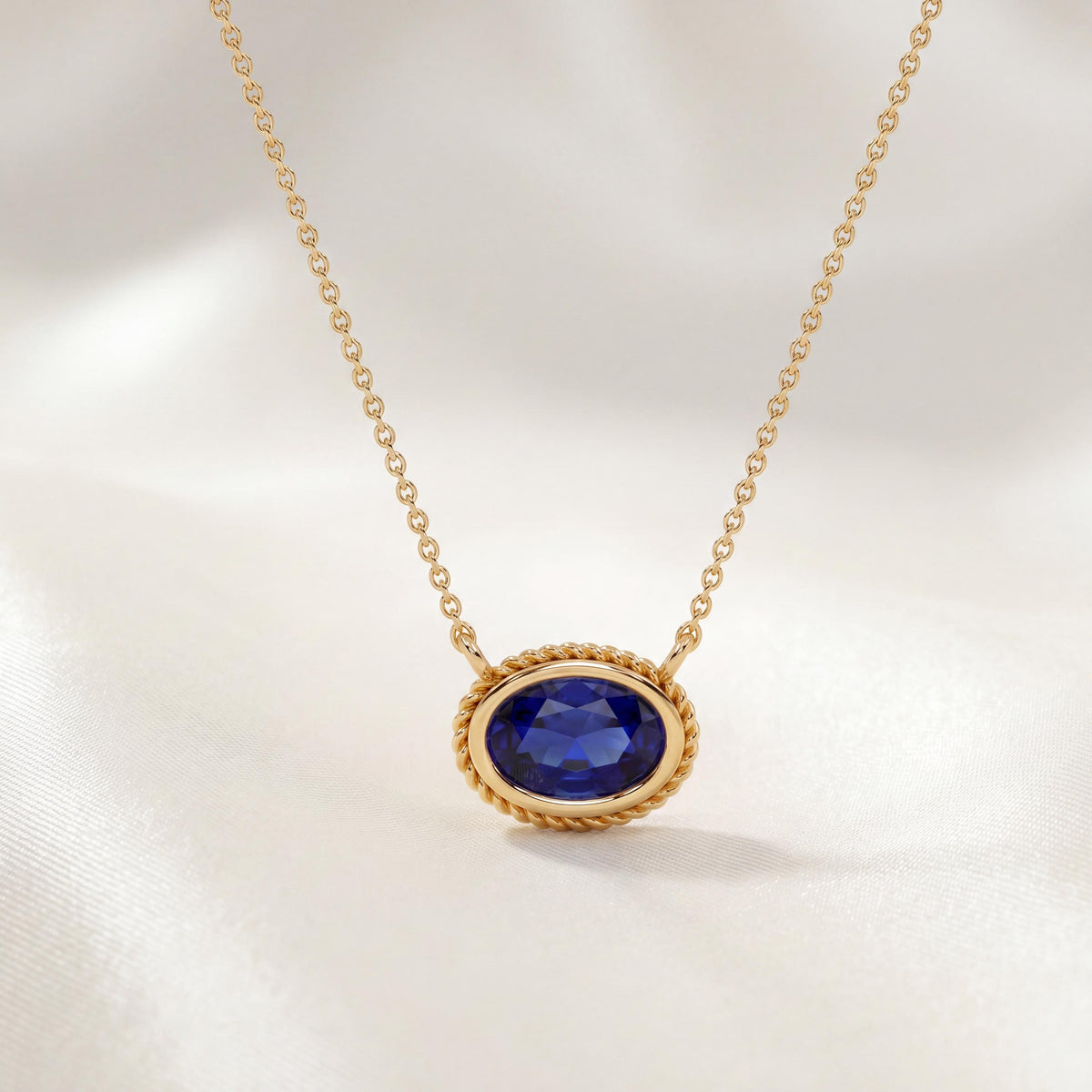 Oval Sapphire Solitaire Bezel Set Halo Rope 14K Solid Gold Pendant Necklace