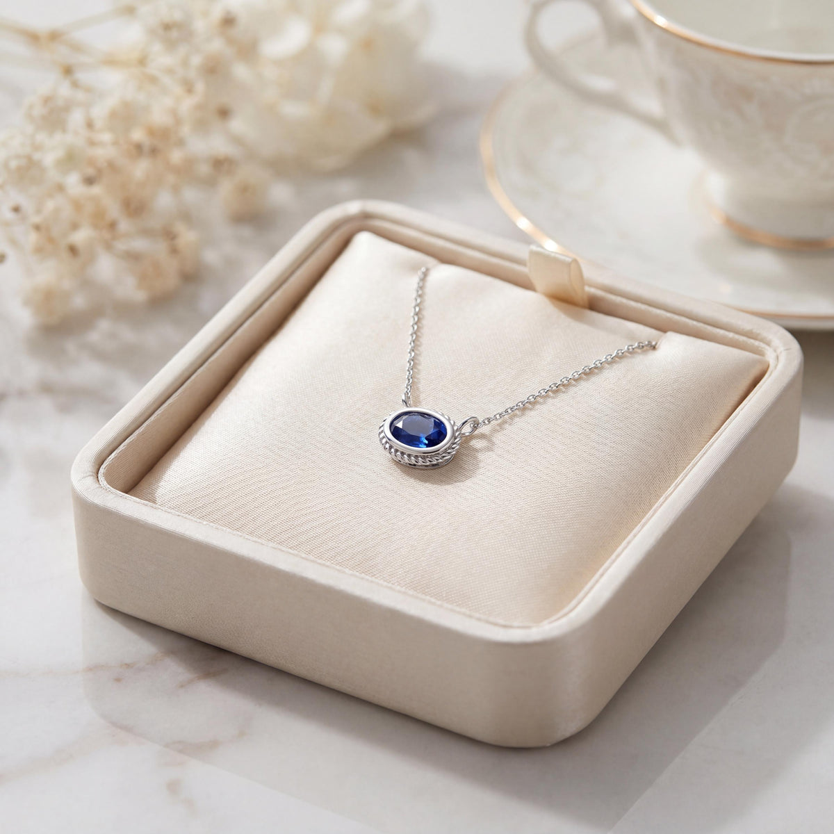 Oval Sapphire Solitaire Bezel Set Halo Rope 14K Solid Gold Pendant Necklace