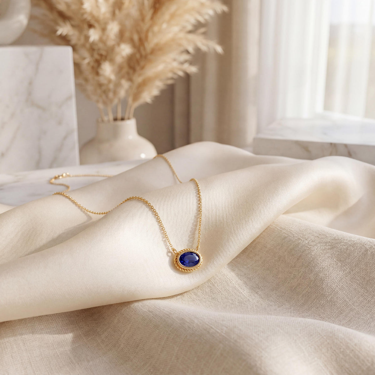 Oval Sapphire Solitaire Bezel Set Halo Rope 14K Solid Gold Pendant Necklace