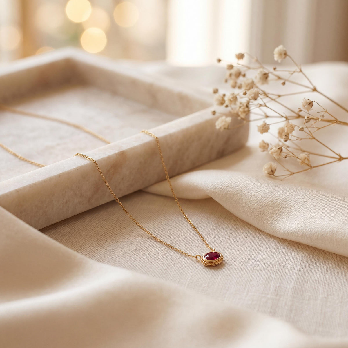 Oval Ruby Solitaire Bezel Set Halo Rope 14K Solid Gold Pendant Necklace