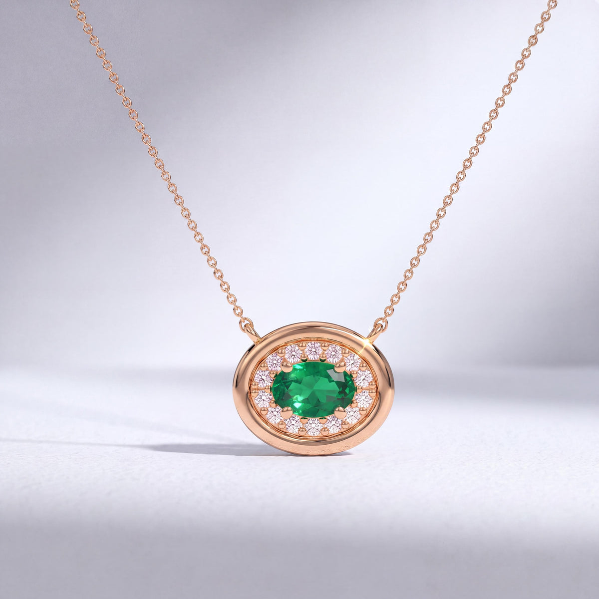 Oval Emerald & Diamond Halo Dainty Bezel 14K Solid Gold Pendant Necklace