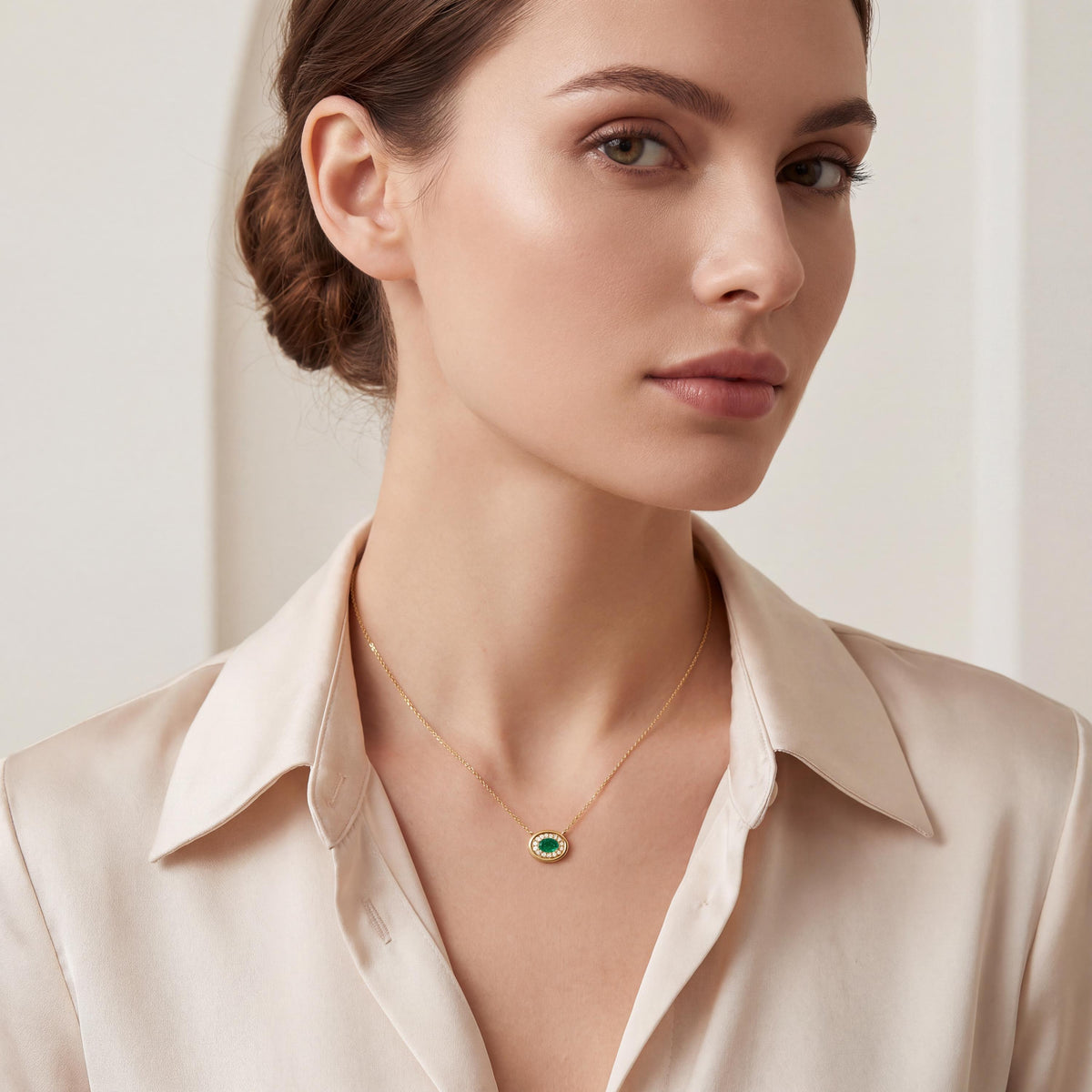 Oval Emerald & Diamond Halo Dainty Bezel 14K Solid Gold Pendant Necklace