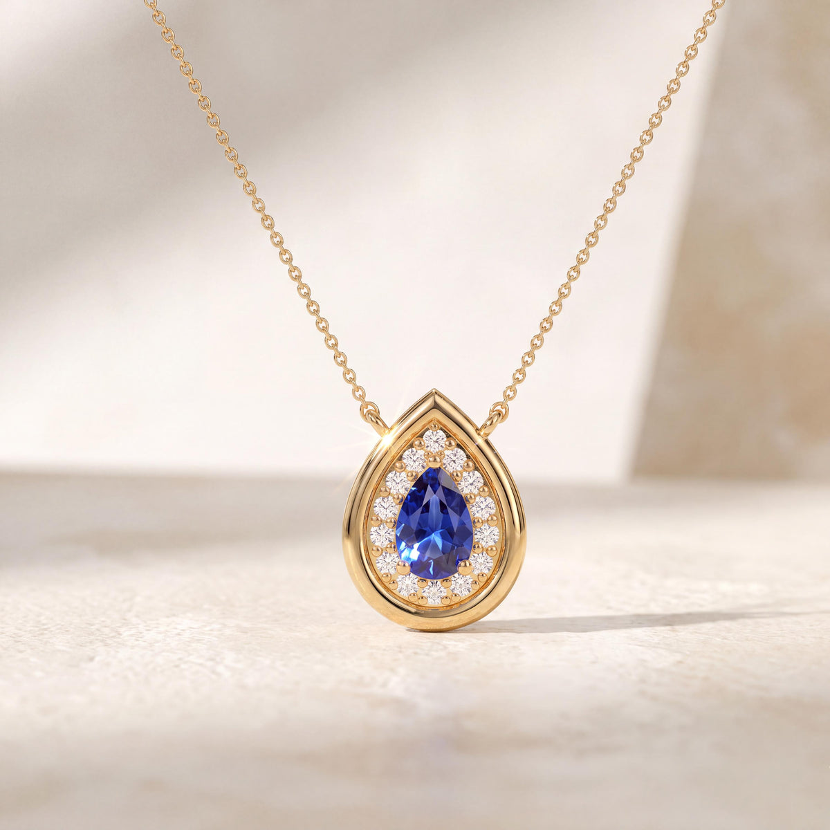 Sapphire Pear Shape & Diamond Halo Dainty Bezel 14K Solid Gold Pendant Necklace