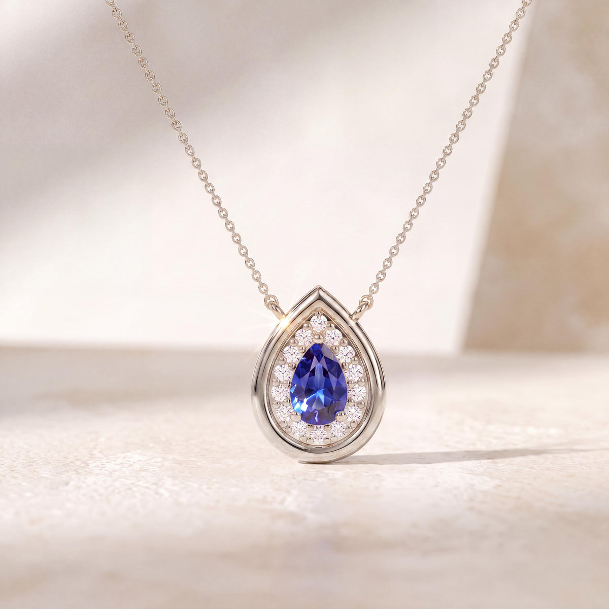 Sapphire Pear Shape & Diamond Halo Dainty Bezel 14K Solid Gold Pendant Necklace