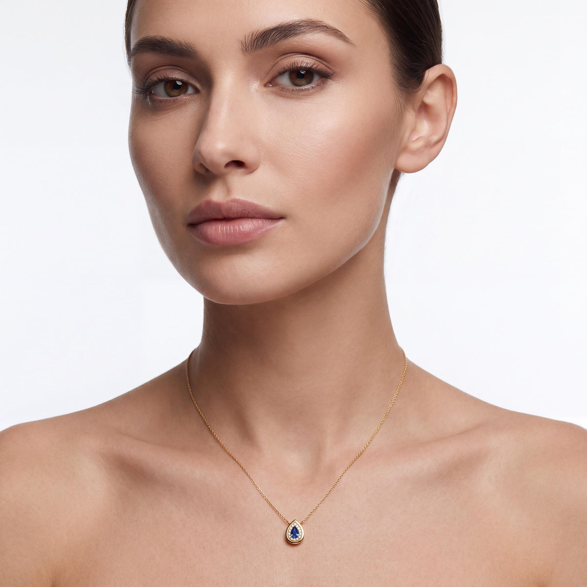 Sapphire Pear Shape & Diamond Halo Dainty Bezel 14K Solid Gold Pendant Necklace