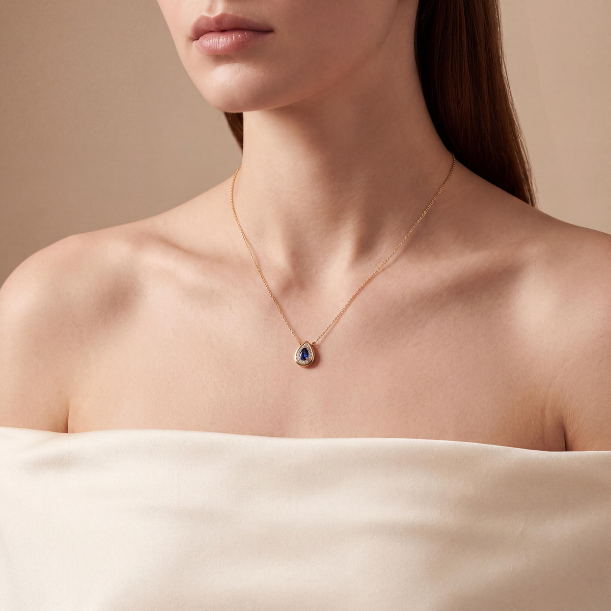Sapphire Pear Shape & Diamond Halo Dainty Bezel 14K Solid Gold Pendant Necklace