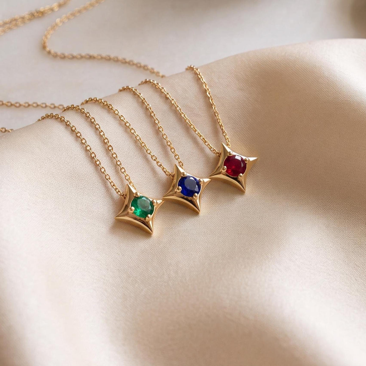 Round Solitaire Sapphire Four Point Dainty Star 14K Solid Gold Pendant Necklace