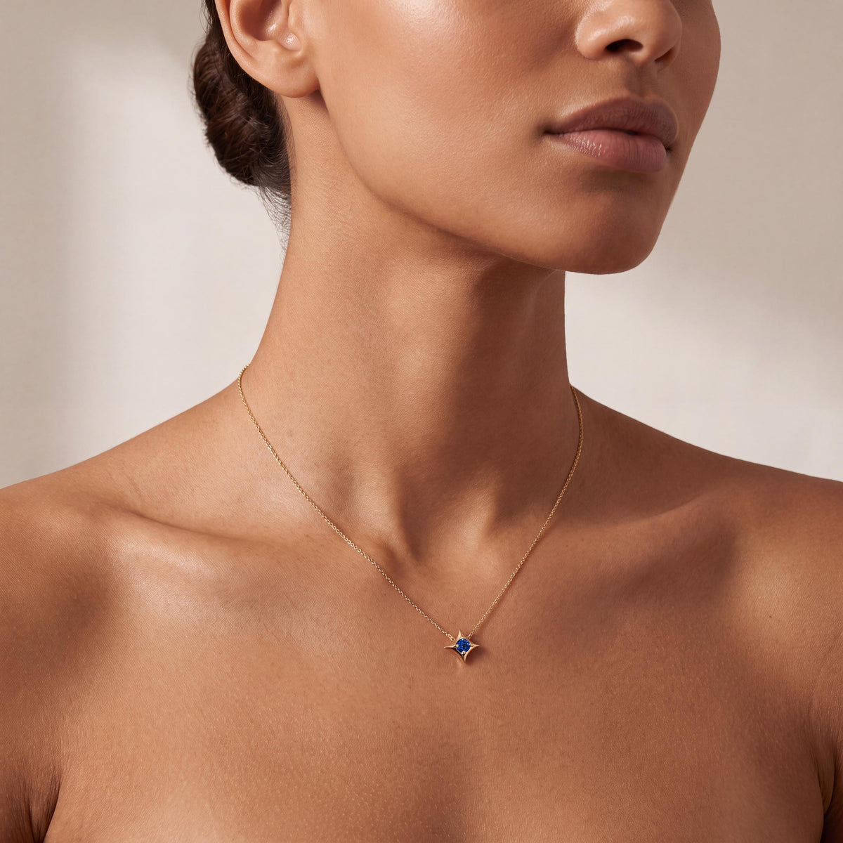 Round Solitaire Sapphire Four Point Dainty Star 14K Solid Gold Pendant Necklace