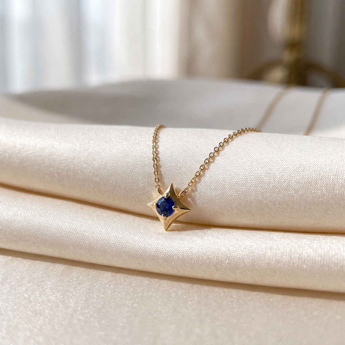 Round Solitaire Sapphire Four Point Dainty Star 14K Solid Gold Pendant Necklace
